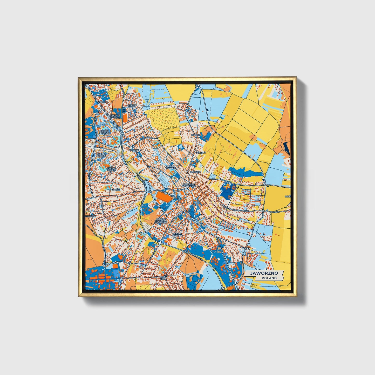 Jaworzno Poland Colorful City Map Canvas Print • Gold Framed