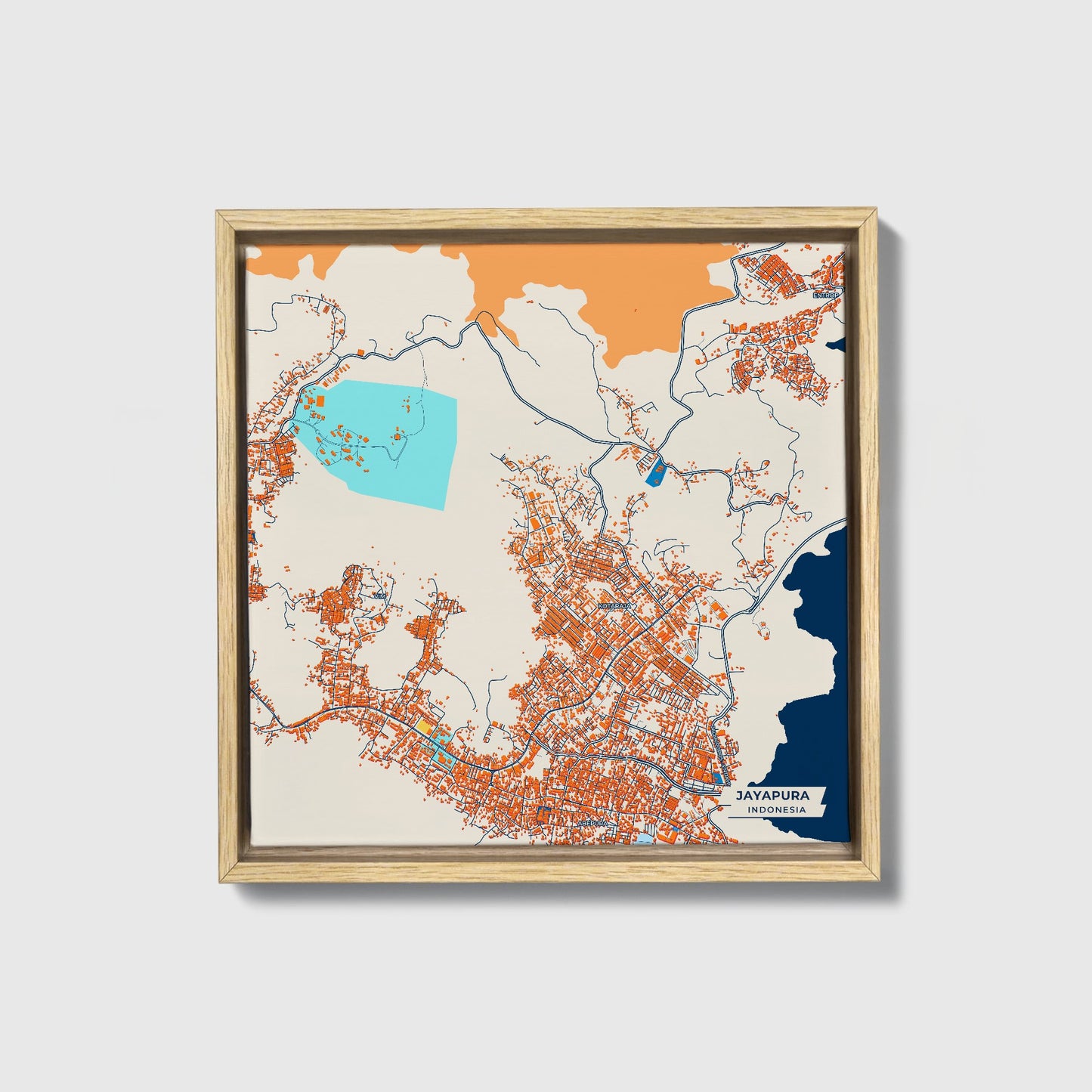 Jayapura Indonesia Colorful City Map Canvas Print • Natural Wooden Framed