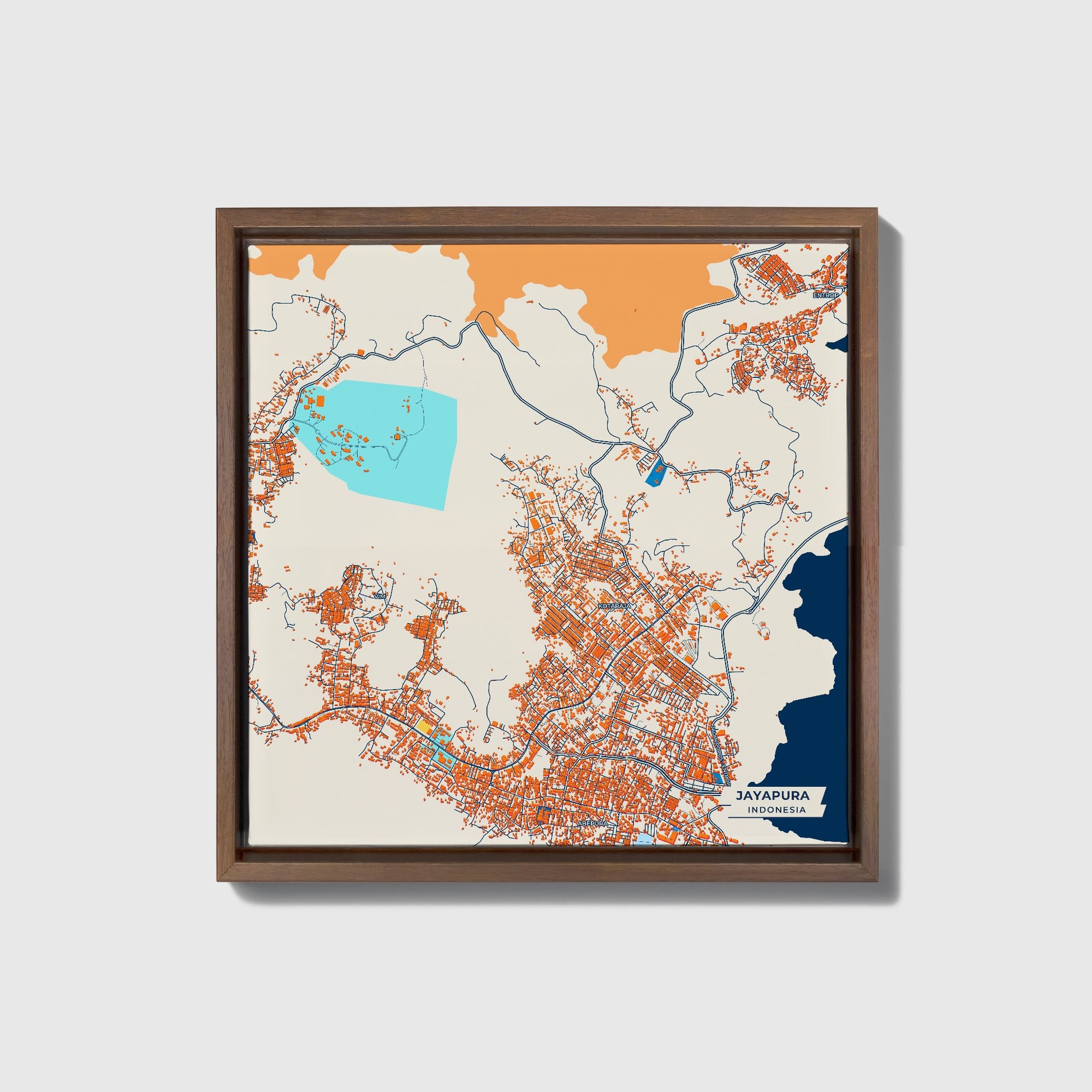 Jayapura Indonesia Colorful City Map Canvas Print • Dark Wooden Framed