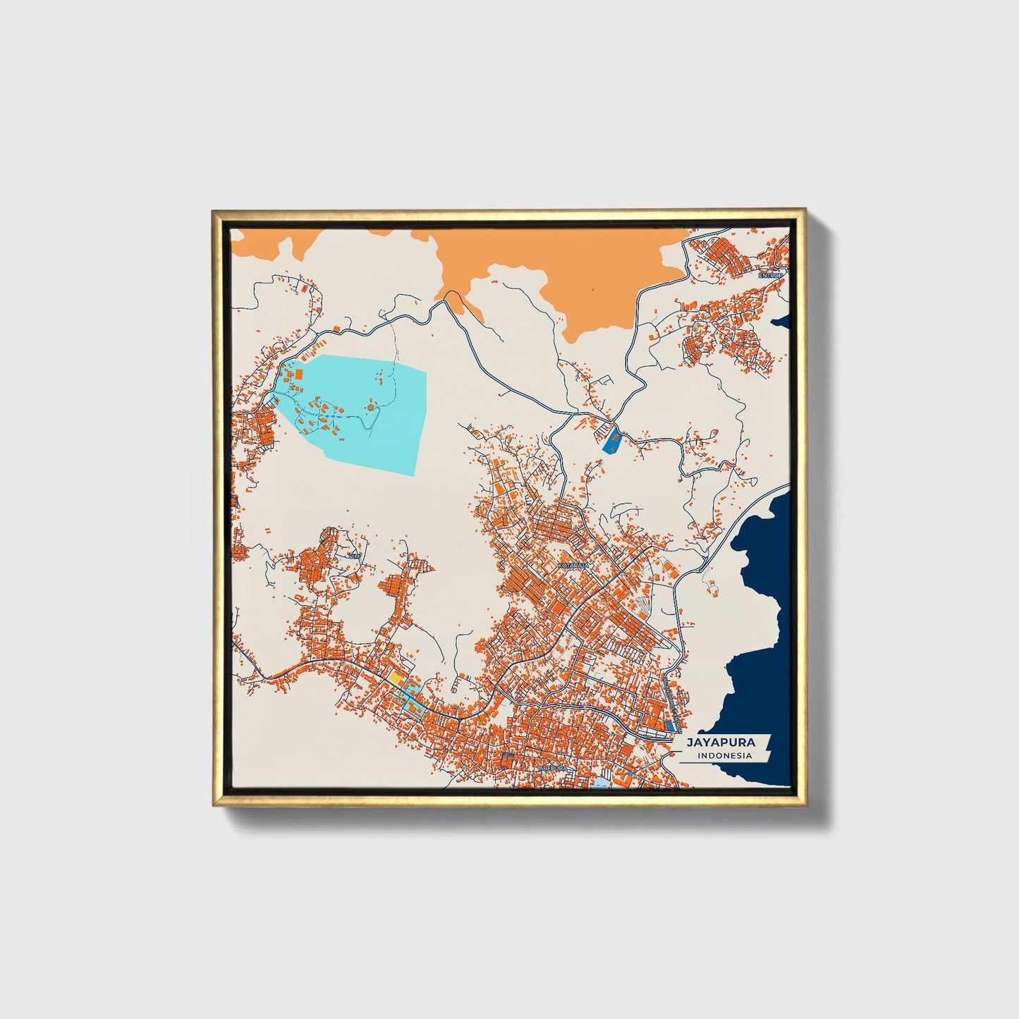 Jayapura Indonesia Colorful City Map Canvas Print • Gold Framed