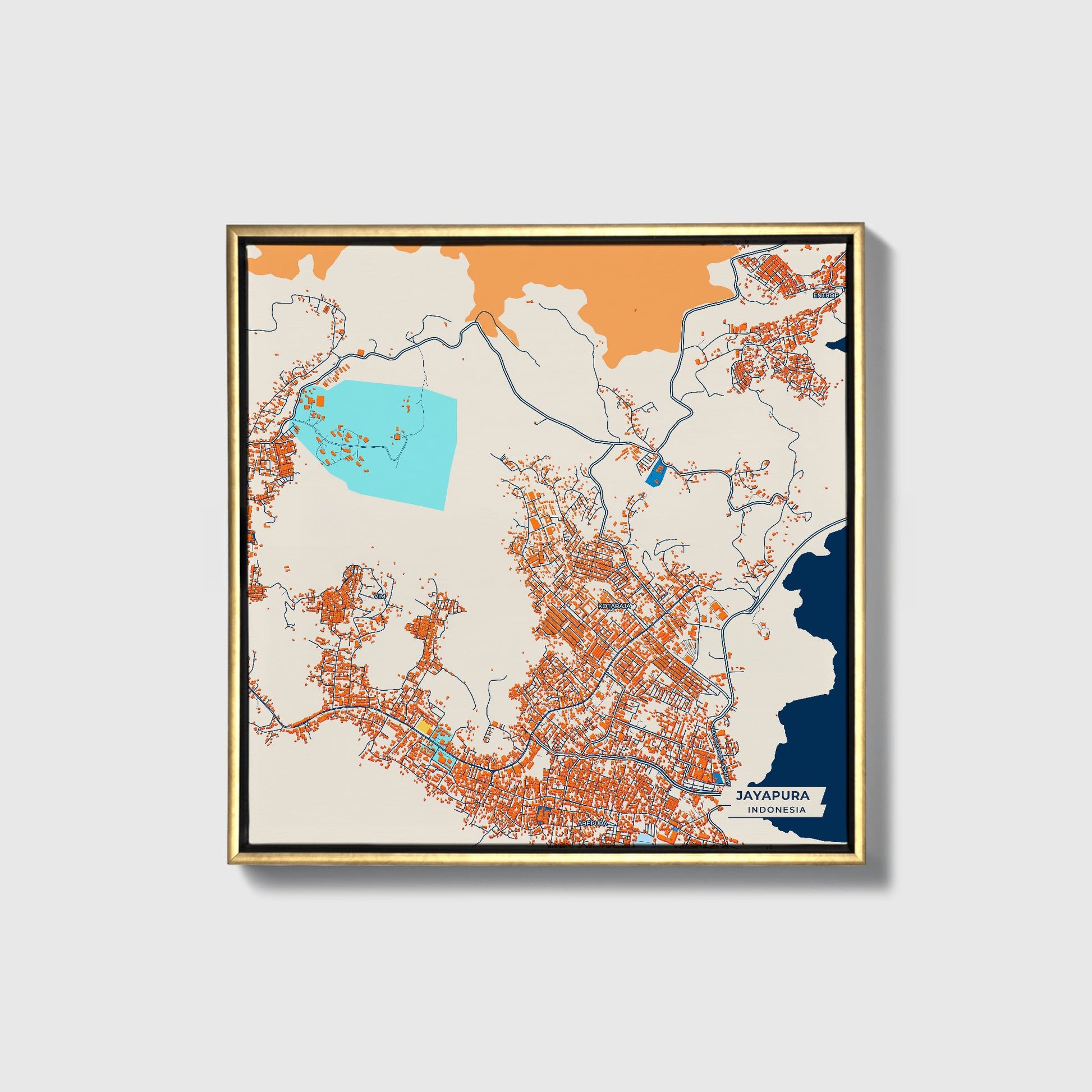 Jayapura Indonesia Colorful City Map Canvas Print • Gold Framed