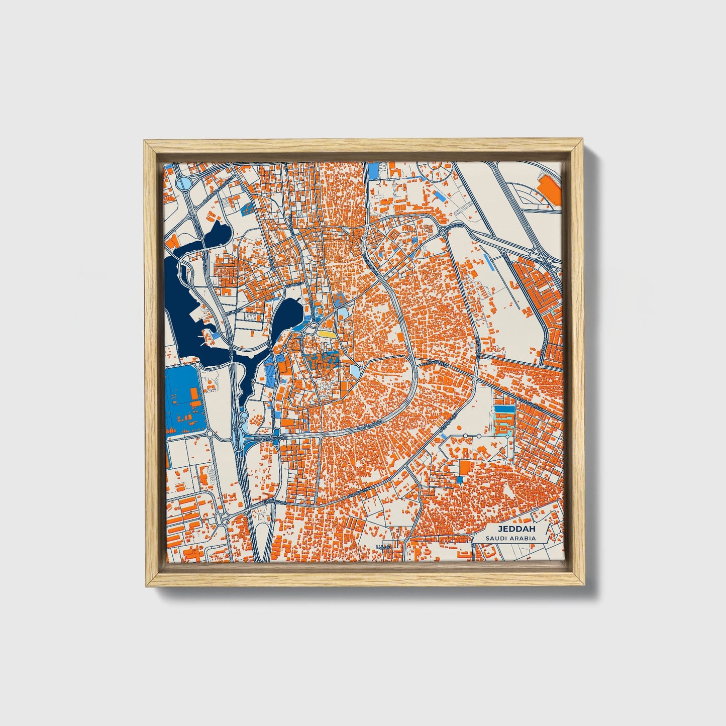 Jeddah Saudi Arabia Colorful City Map Canvas Print • Natural Wooden Framed