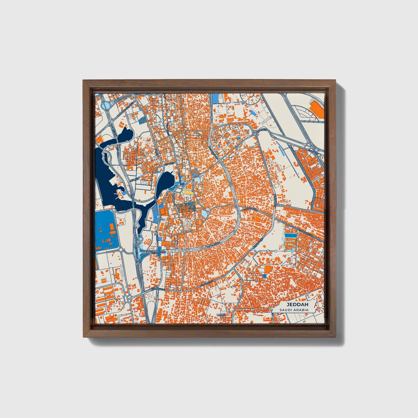 Jeddah Saudi Arabia Colorful City Map Canvas Print • Dark Wooden Framed