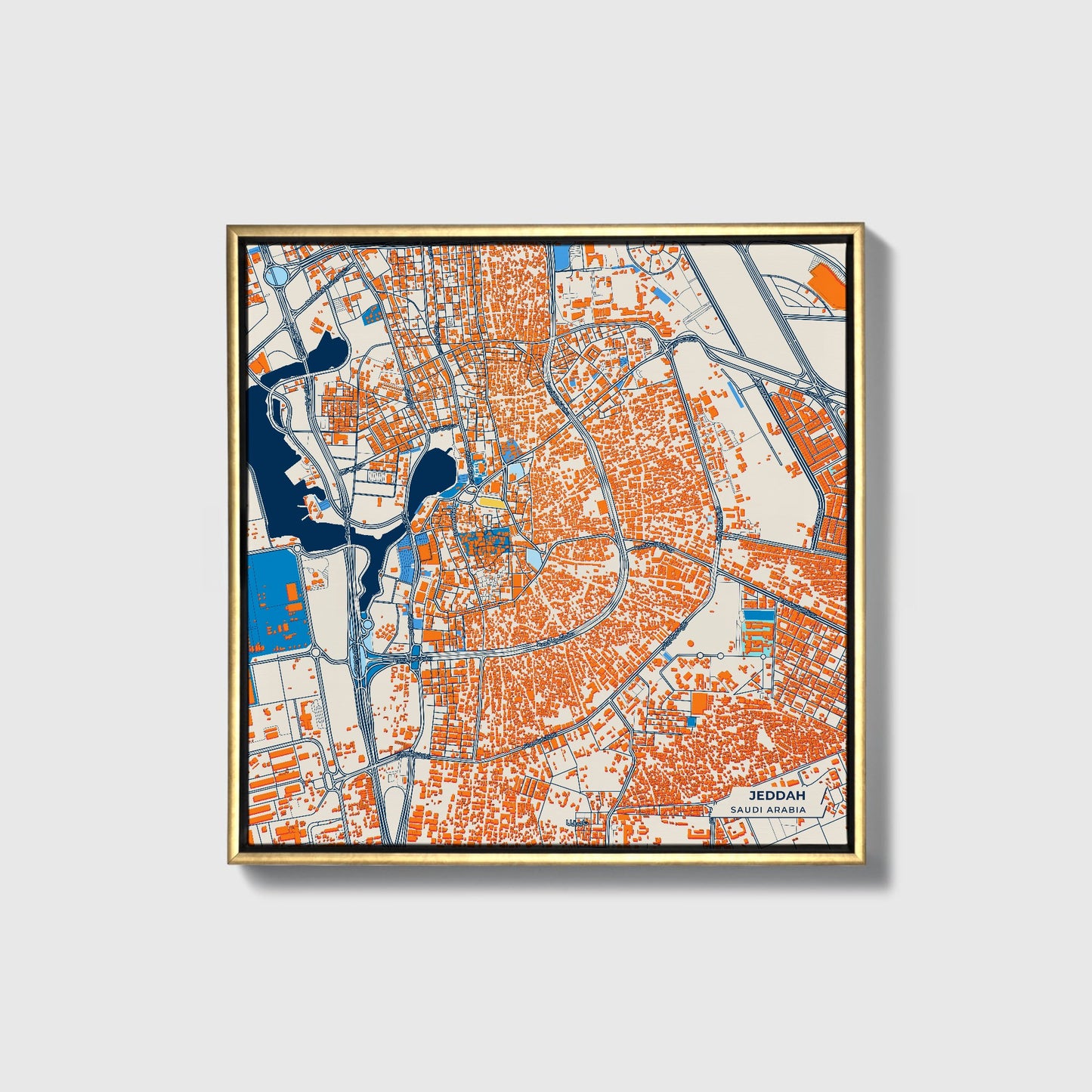 Jeddah Saudi Arabia Colorful City Map Canvas Print • Gold Framed