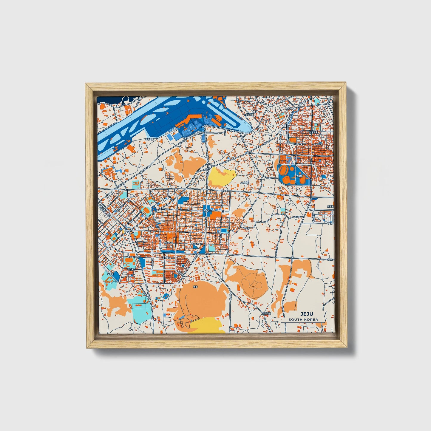 Jeju South Korea Colorful City Map Canvas Print • Natural Wooden Framed