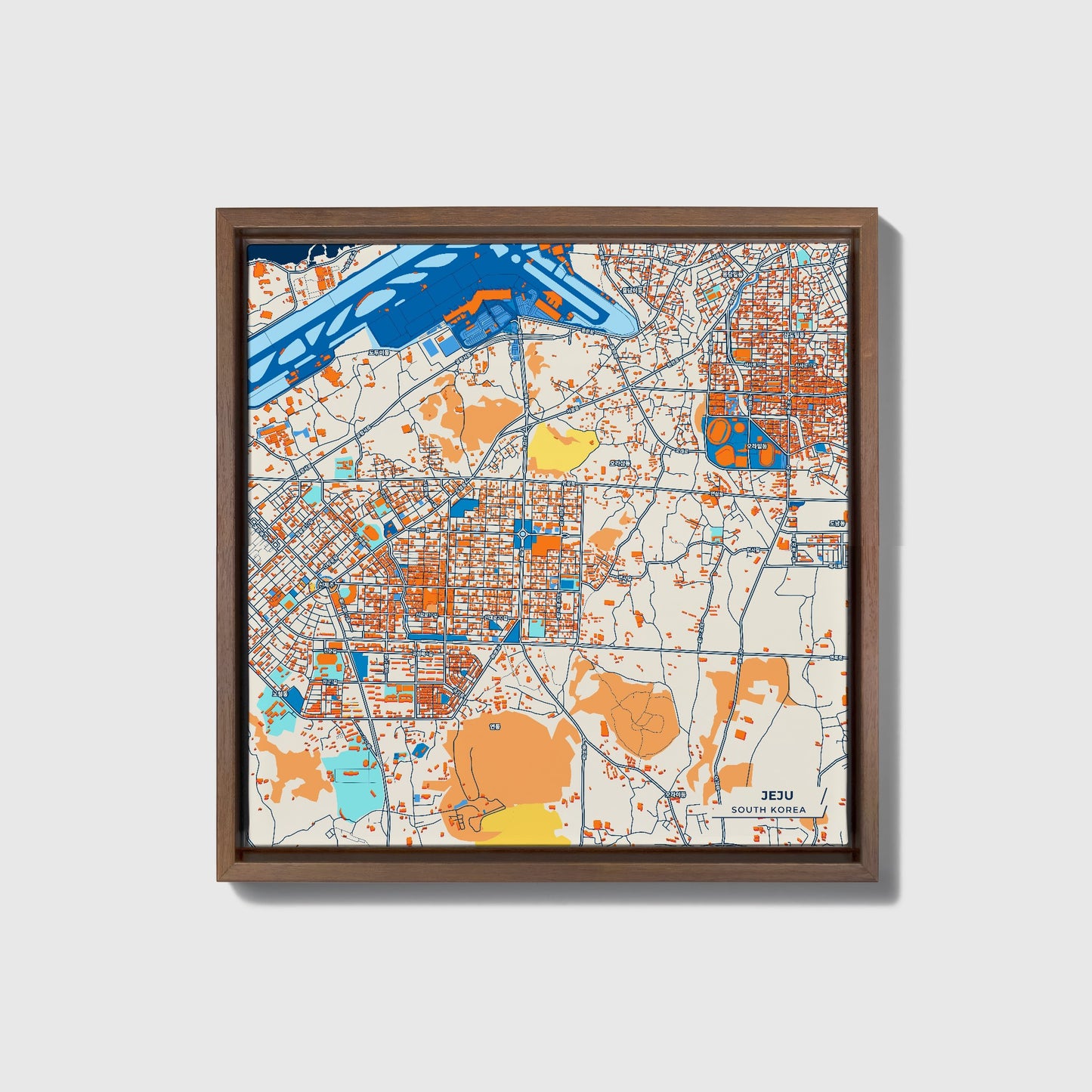 Jeju South Korea Colorful City Map Canvas Print • Dark Wooden Framed