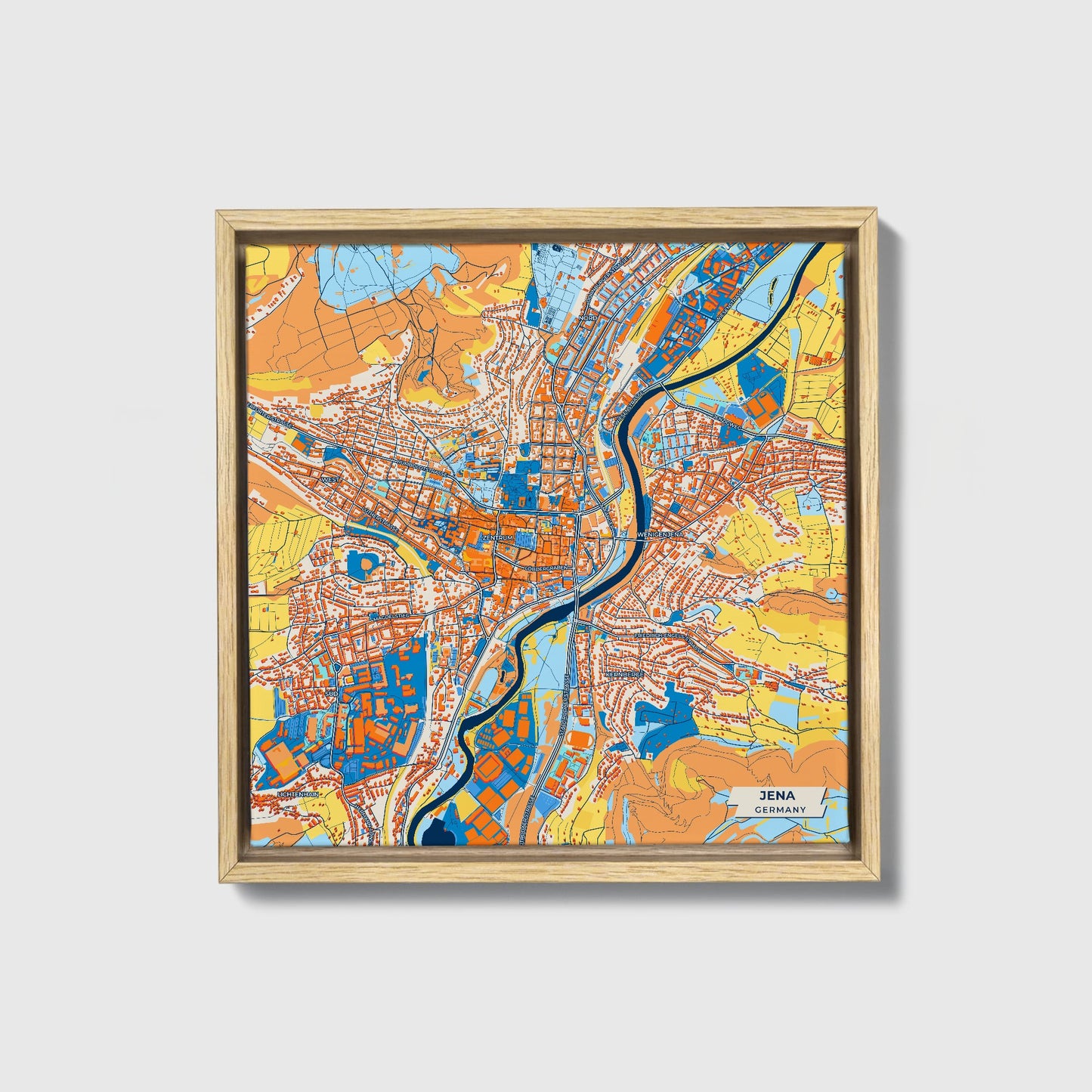 Jena Germany Colorful City Map Canvas Print • Natural Wooden Framed
