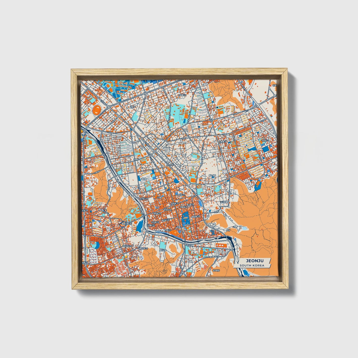 Jeonju South Korea Colorful City Map Canvas Print • Natural Wooden Framed