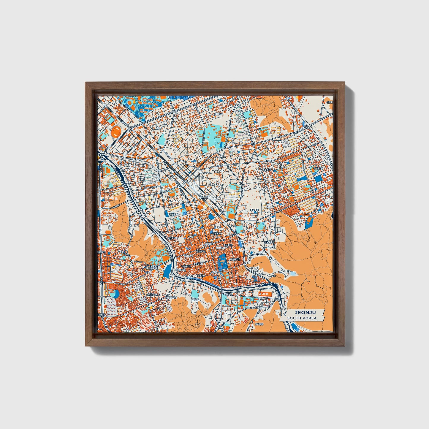Jeonju South Korea Colorful City Map Canvas Print • Dark Wooden Framed