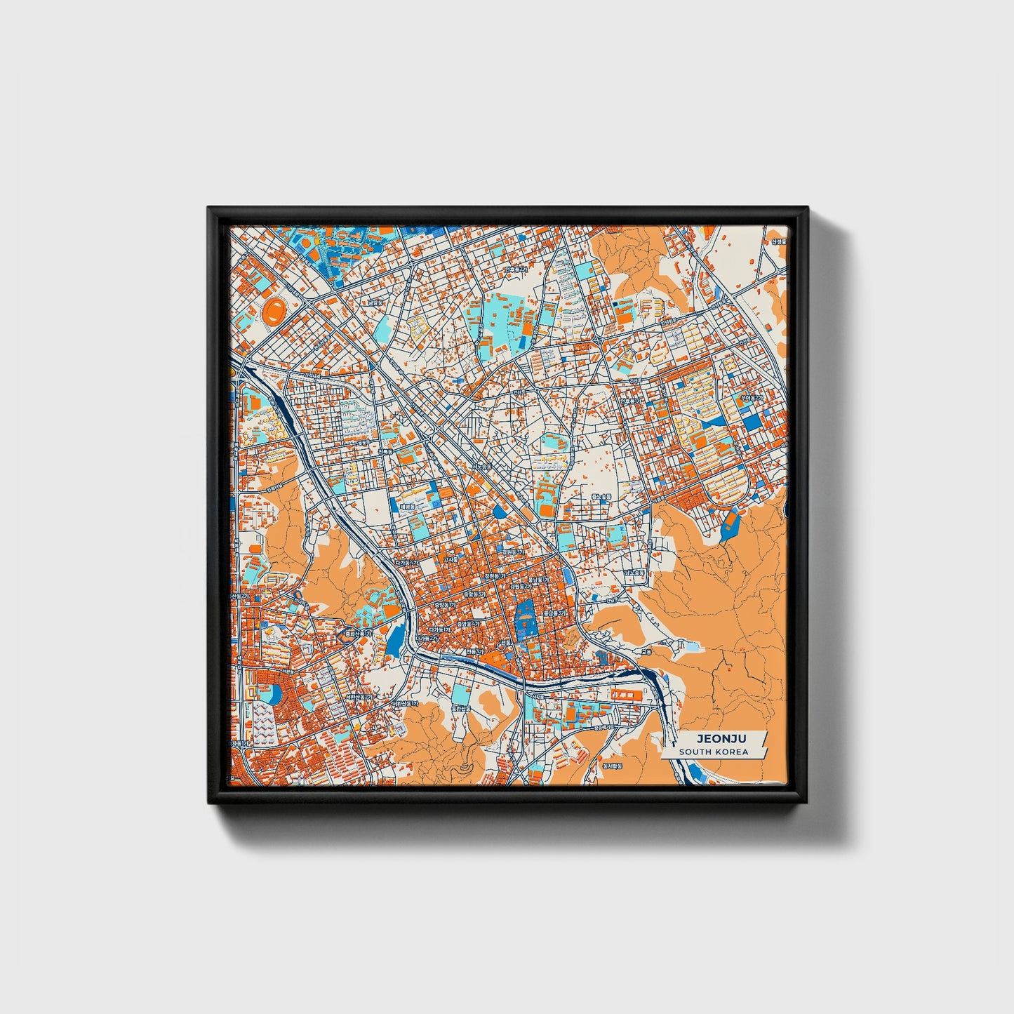 Jeonju South Korea Colorful City Map Canvas Print • Black Framed