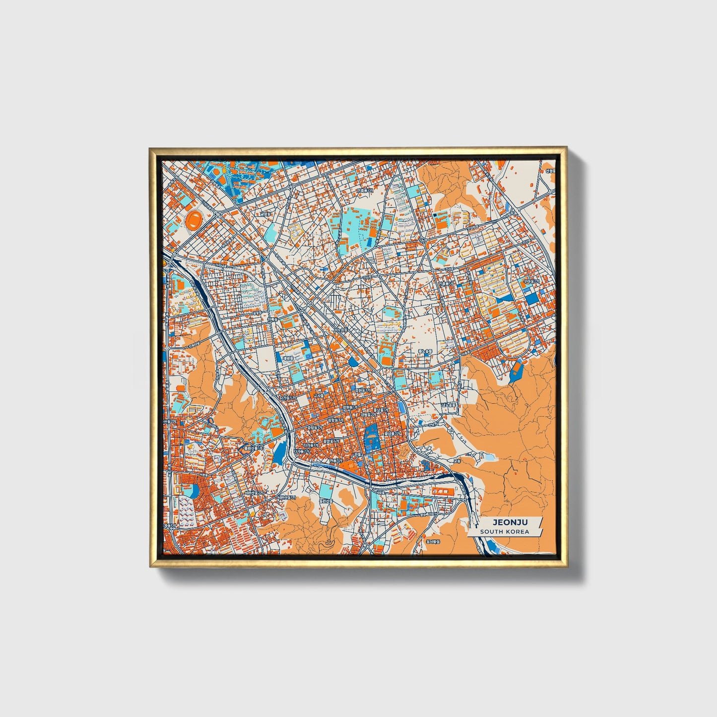 Jeonju South Korea Colorful City Map Canvas Print • Gold Framed