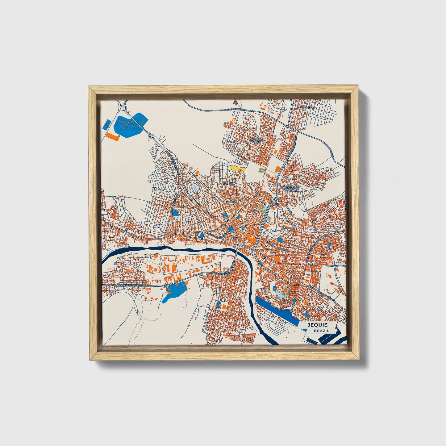 Jequie Brazil Colorful City Map Canvas Print • Natural Wooden Framed