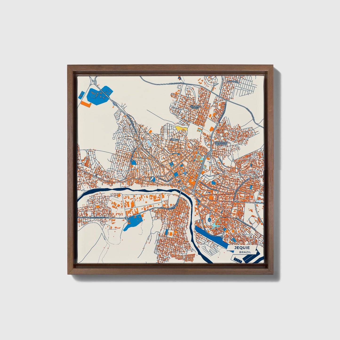 Jequie Brazil Colorful City Map Canvas Print • Dark Wooden Framed