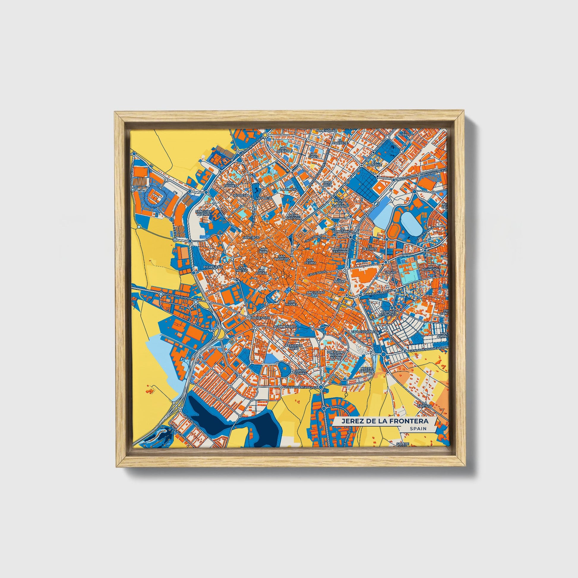 Jerez De La Frontera Spain Colorful City Map Canvas Print • Natural Wooden Framed