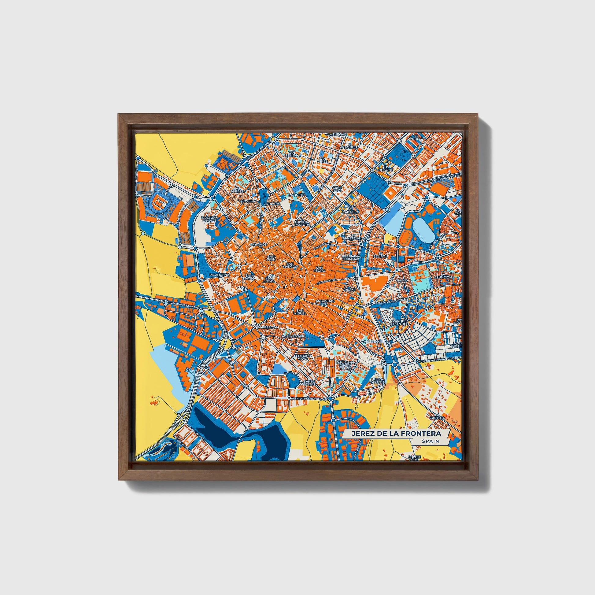 Jerez De La Frontera Spain Colorful City Map Canvas Print • Dark Wooden Framed