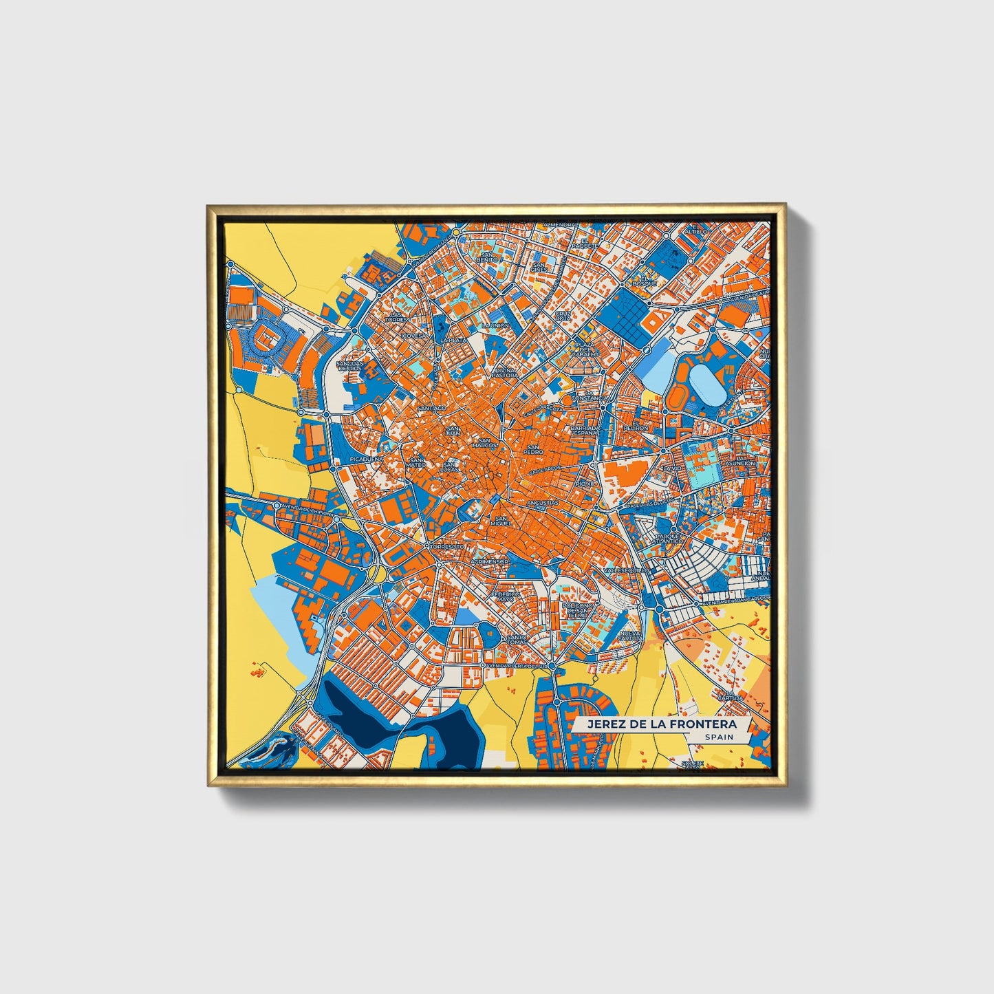 Jerez De La Frontera Spain Colorful City Map Canvas Print • Gold Framed