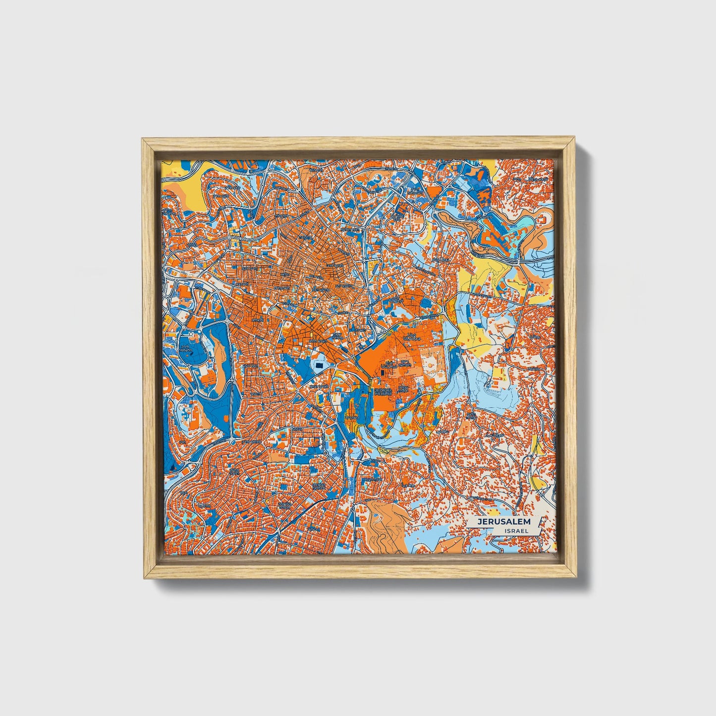 Jerusalem Israel Colorful City Map Canvas Print • Natural Wooden Framed