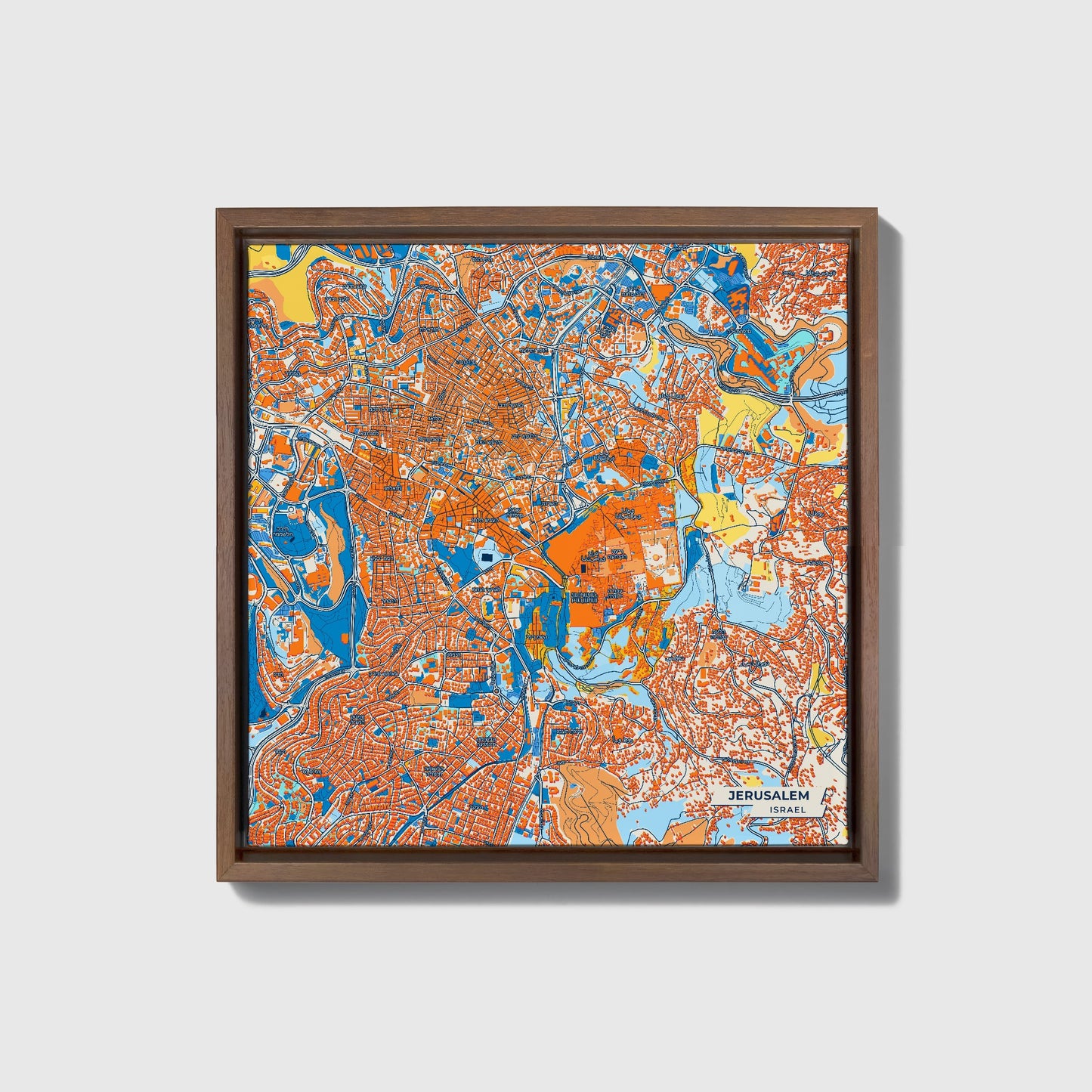 Jerusalem Israel Colorful City Map Canvas Print • Dark Wooden Framed