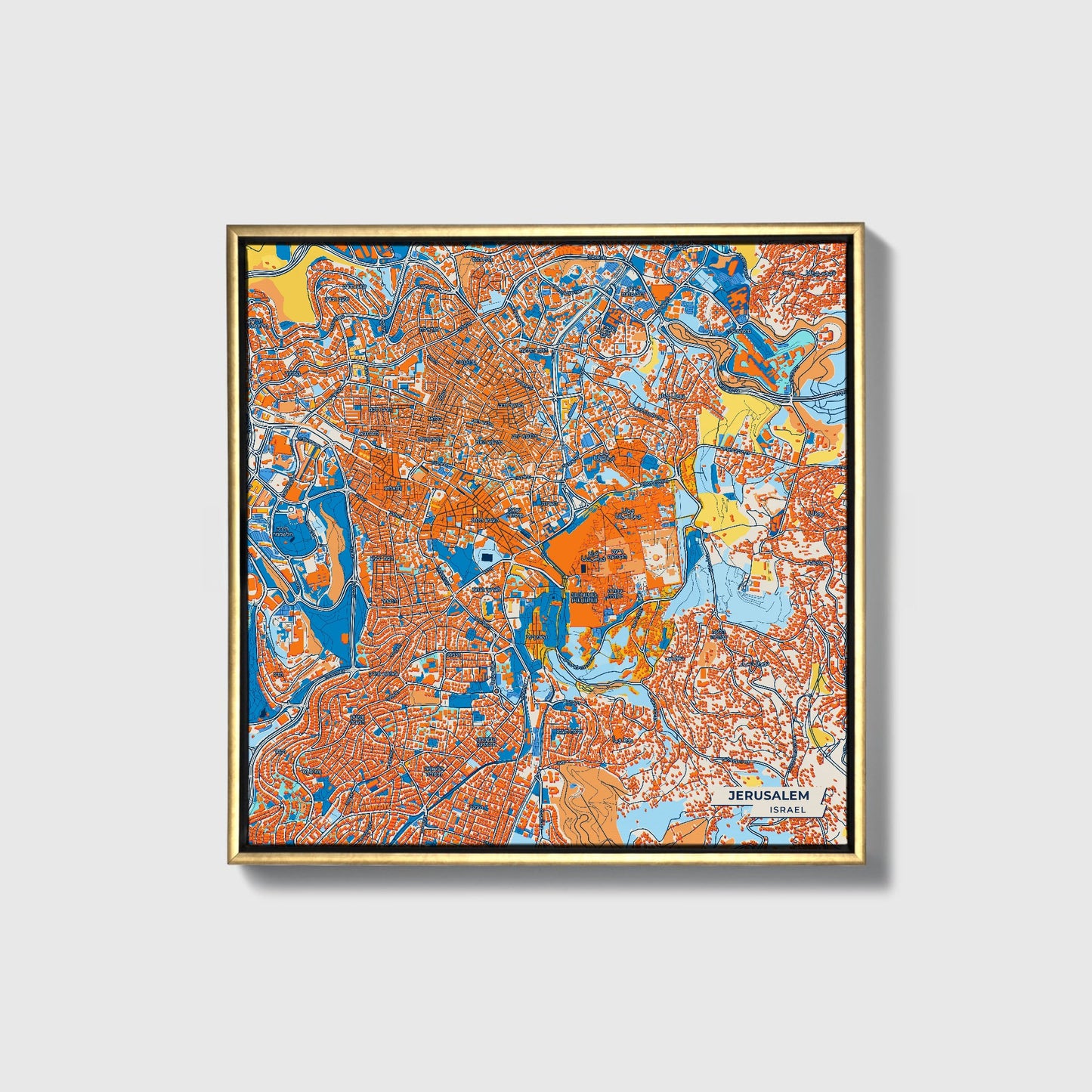 Jerusalem Israel Colorful City Map Canvas Print • Gold Framed