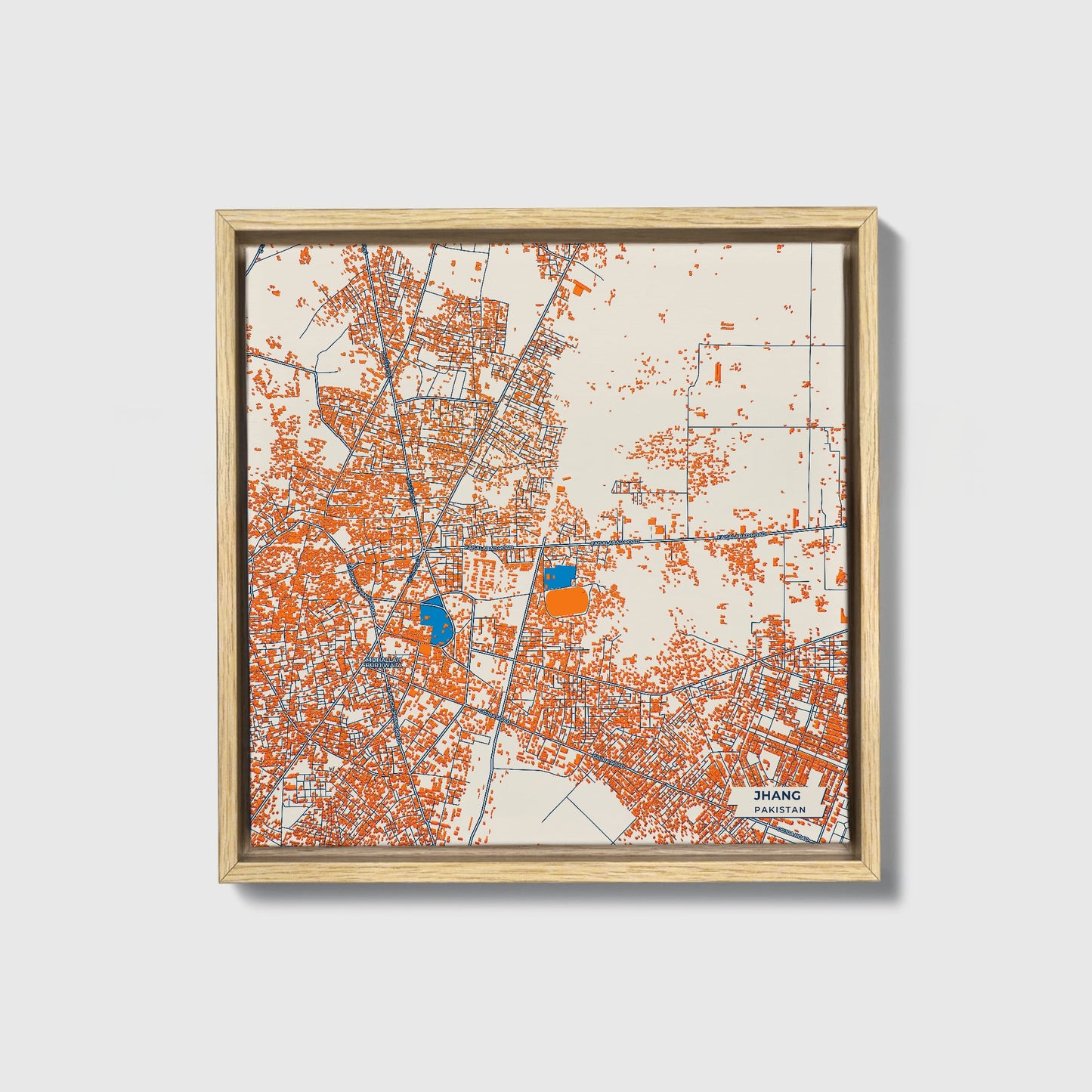 Jhang Pakistan Colorful City Map Canvas Print • Natural Wooden Framed