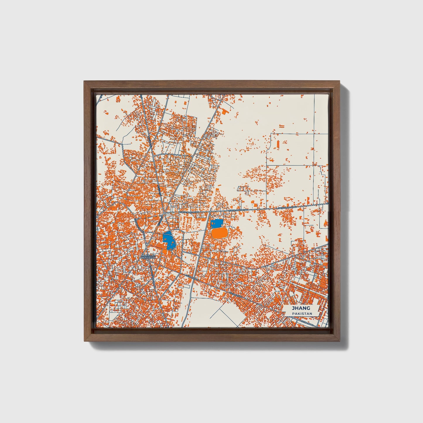 Jhang Pakistan Colorful City Map Canvas Print • Dark Wooden Framed