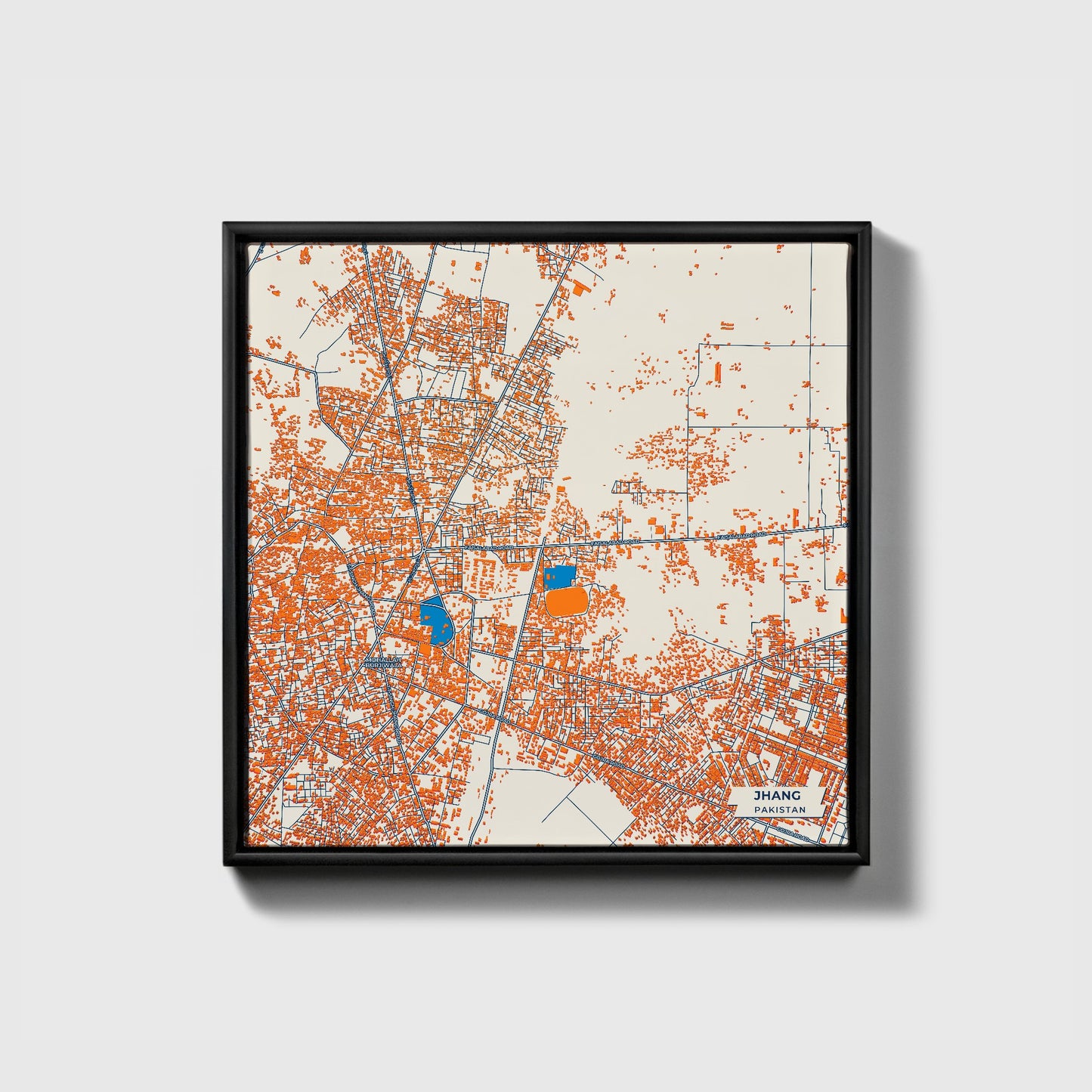 Jhang Pakistan Colorful City Map Canvas Print • Black Framed