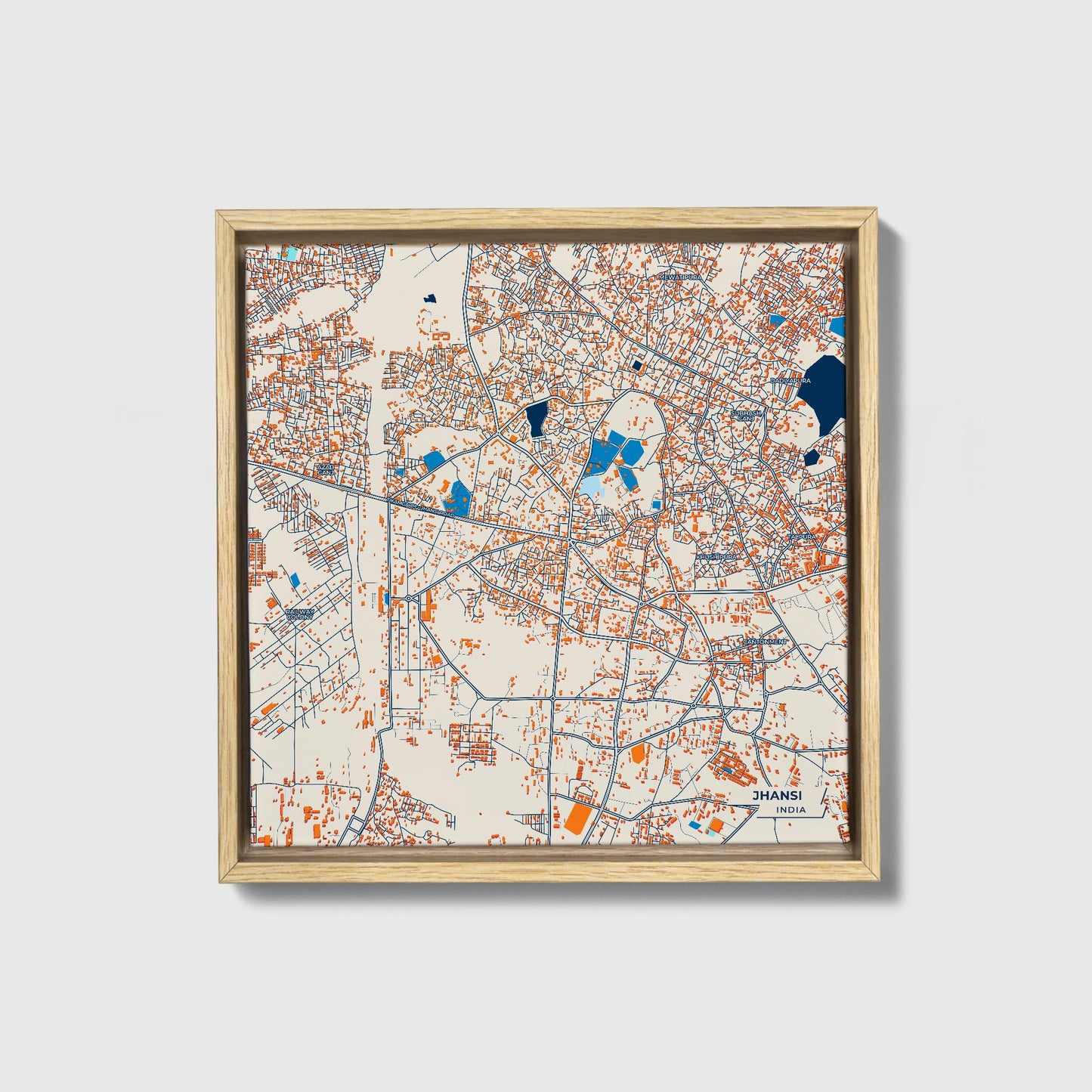 Jhansi India Colorful City Map Canvas Print • Natural Wooden Framed