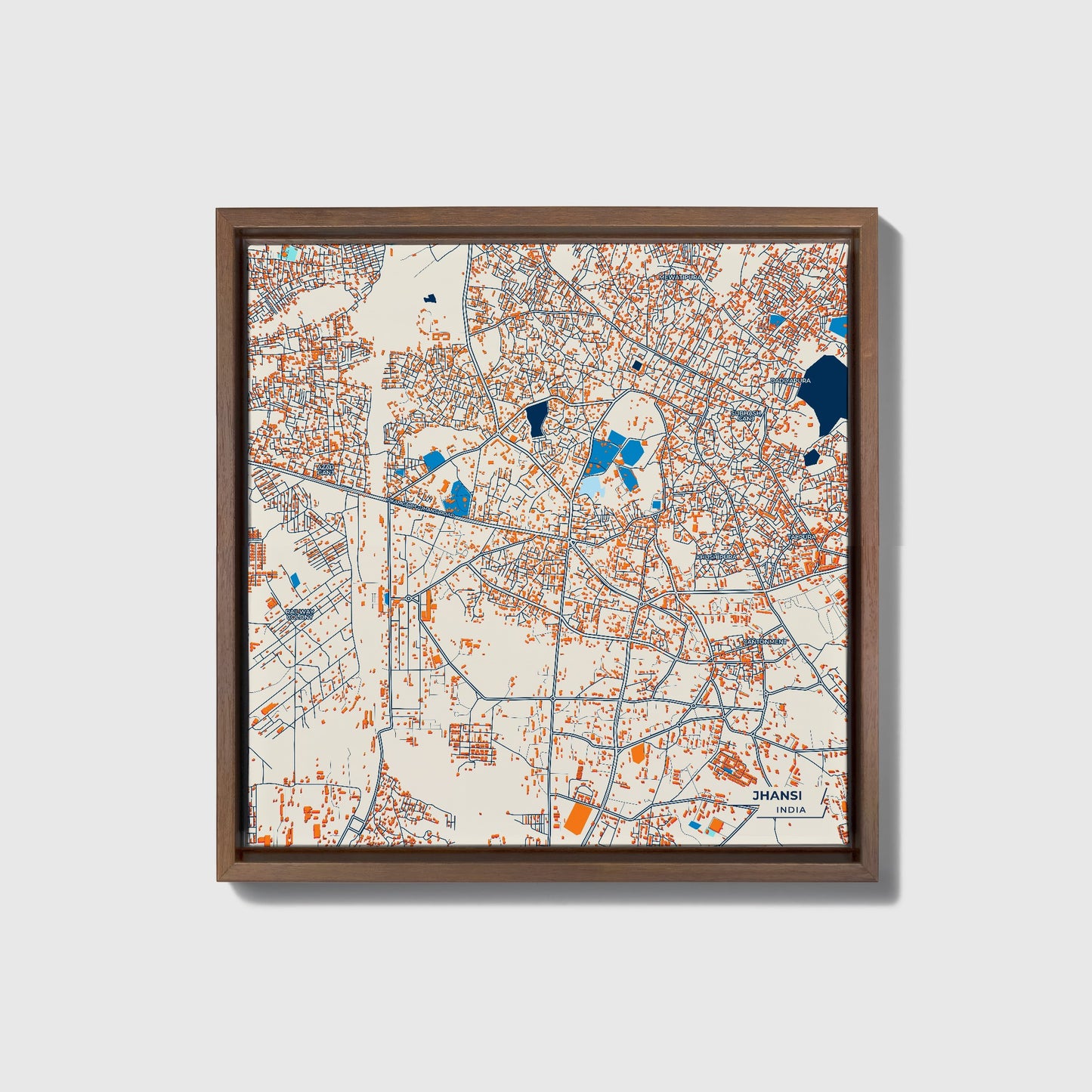Jhansi India Colorful City Map Canvas Print • Dark Wooden Framed