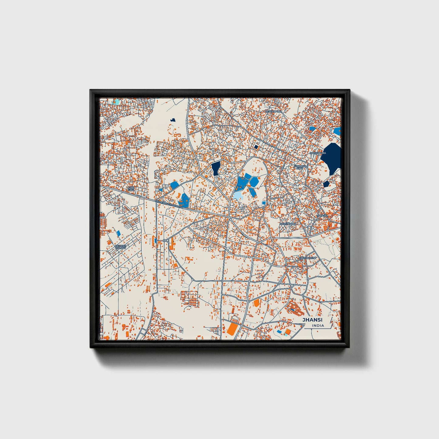 Jhansi India Colorful City Map Canvas Print • Black Framed