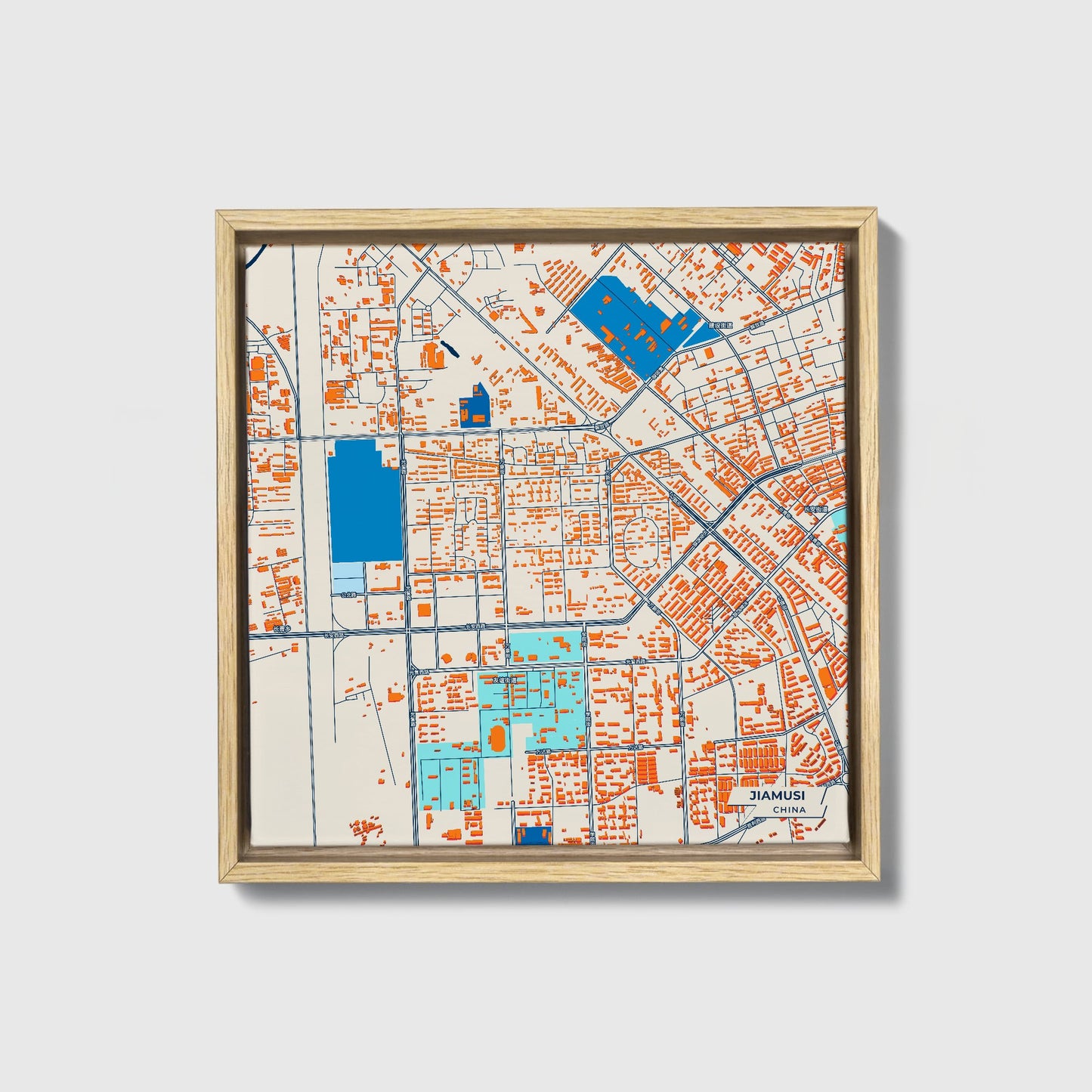 Jiamusi China Colorful City Map Canvas Print • Natural Wooden Framed