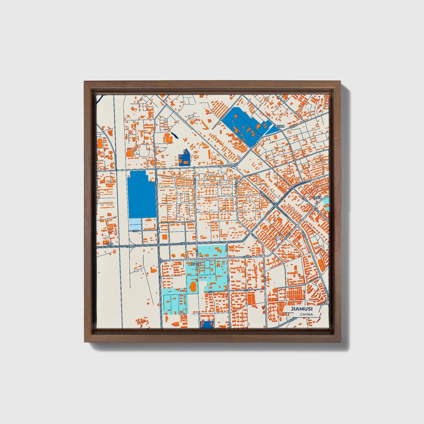 Jiamusi China Colorful City Map Canvas Print • Dark Wooden Framed