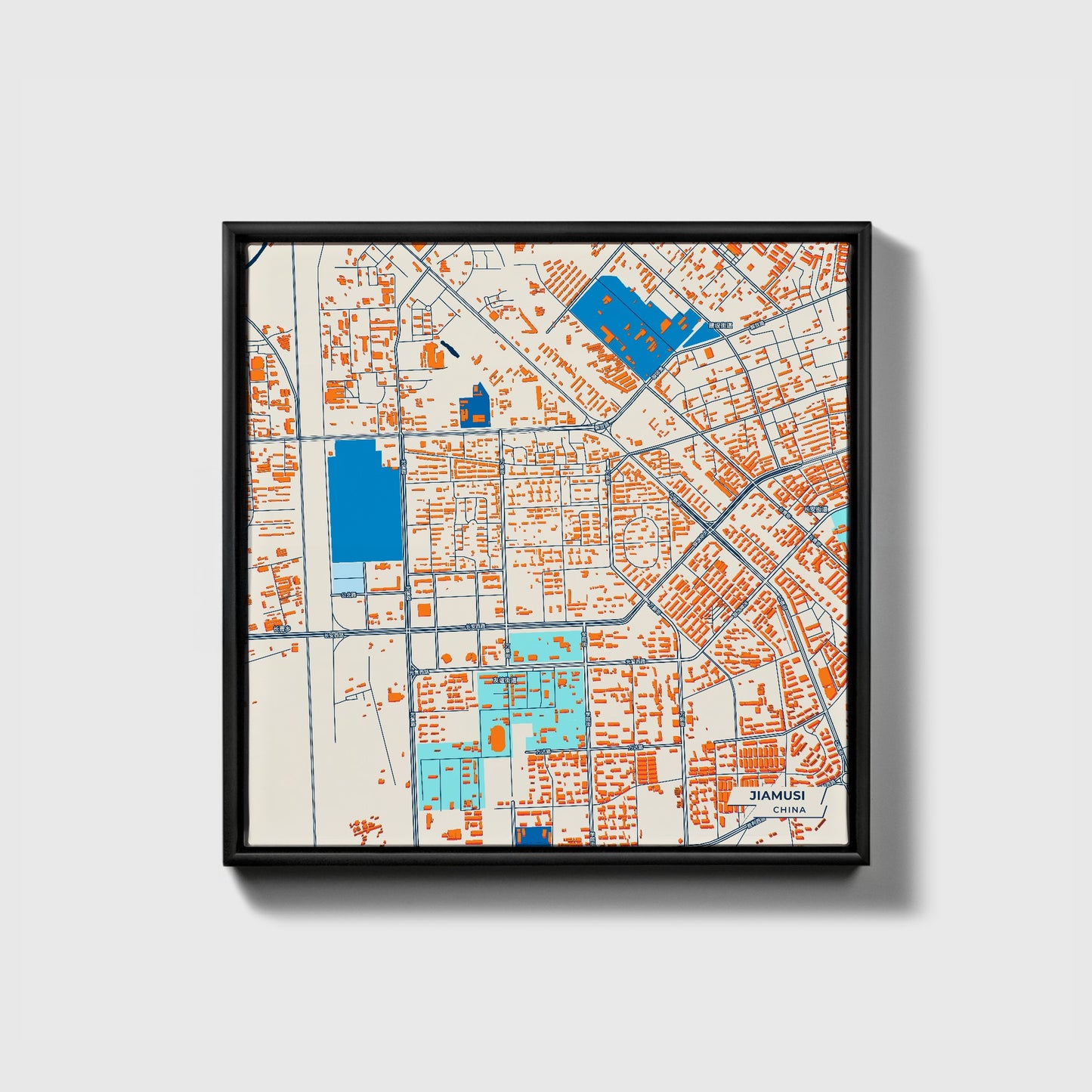 Jiamusi China Colorful City Map Canvas Print • Black Framed