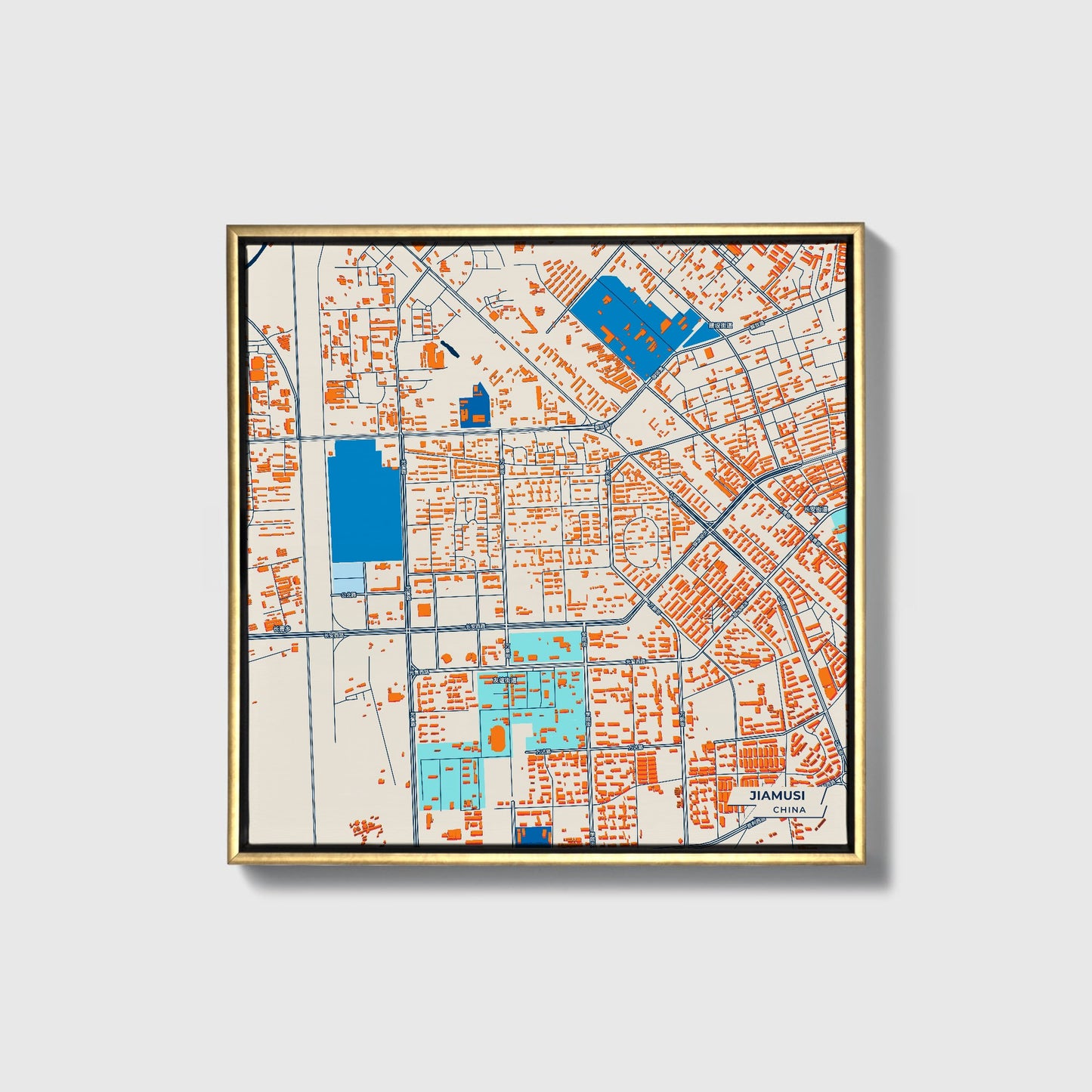 Jiamusi China Colorful City Map Canvas Print • Gold Framed