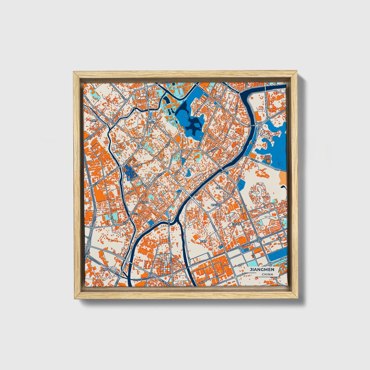 Jiangmen China Colorful City Map Canvas Print • Natural Wooden Framed