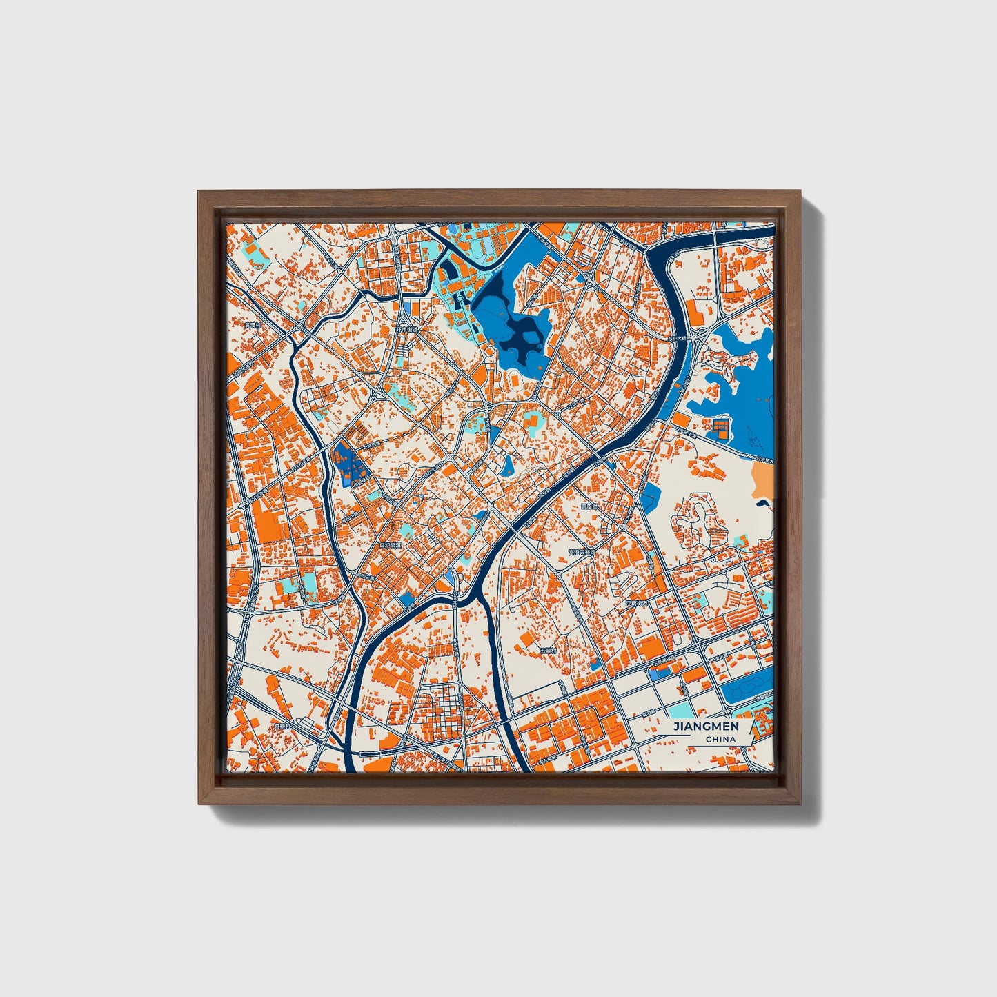 Jiangmen China Colorful City Map Canvas Print • Dark Wooden Framed