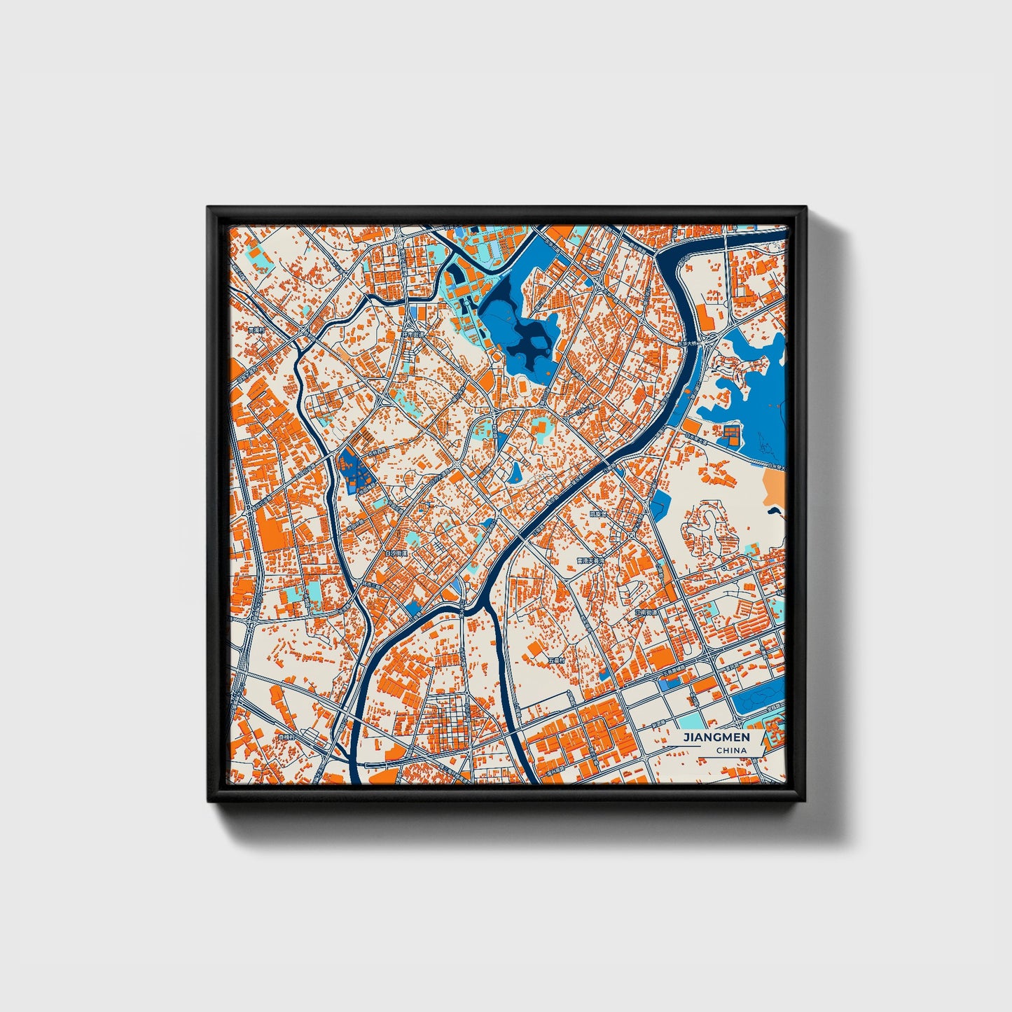 Jiangmen China Colorful City Map Canvas Print • Black Framed