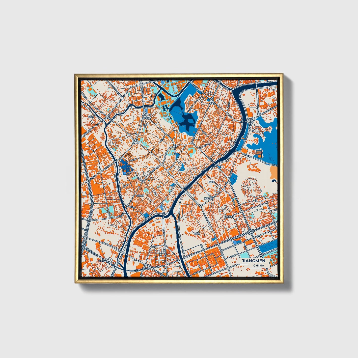 Jiangmen China Colorful City Map Canvas Print • Gold Framed