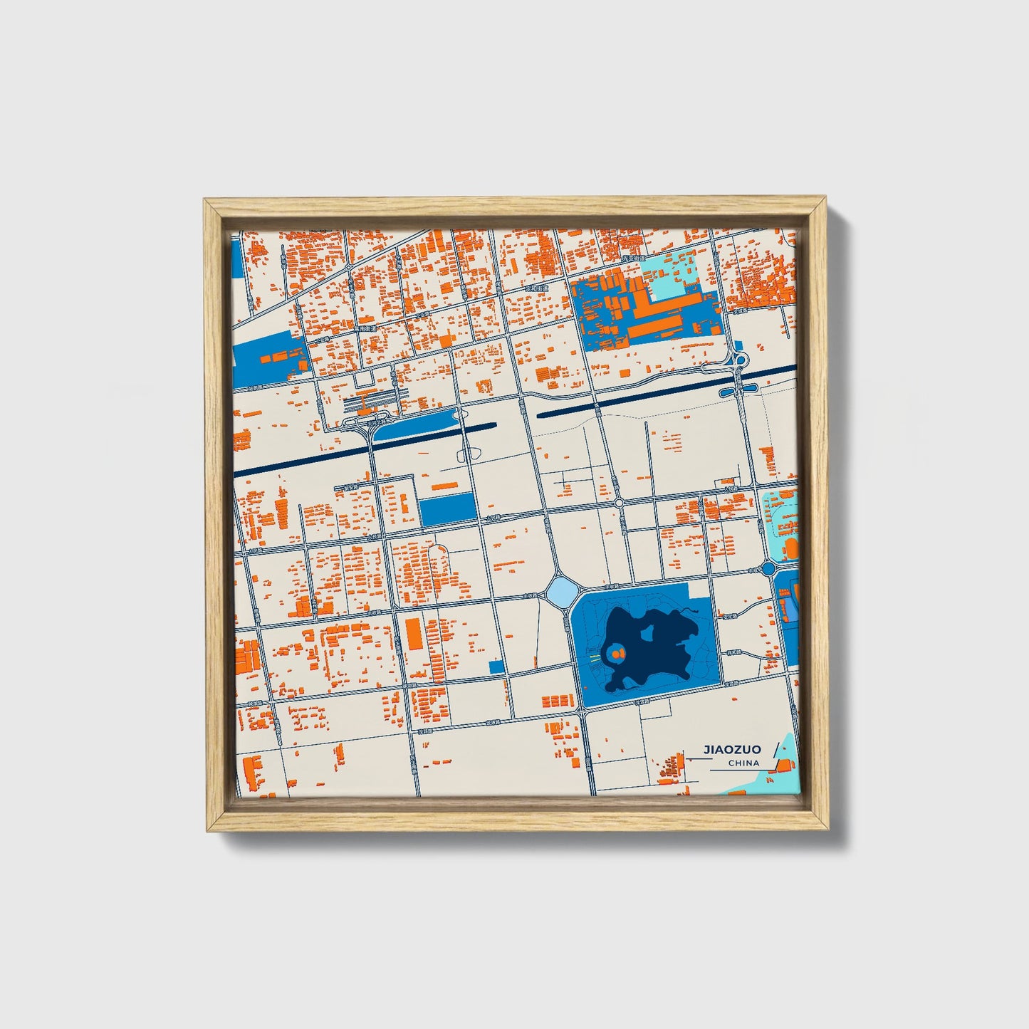 Jiaozuo China Colorful City Map Canvas Print • Natural Wooden Framed