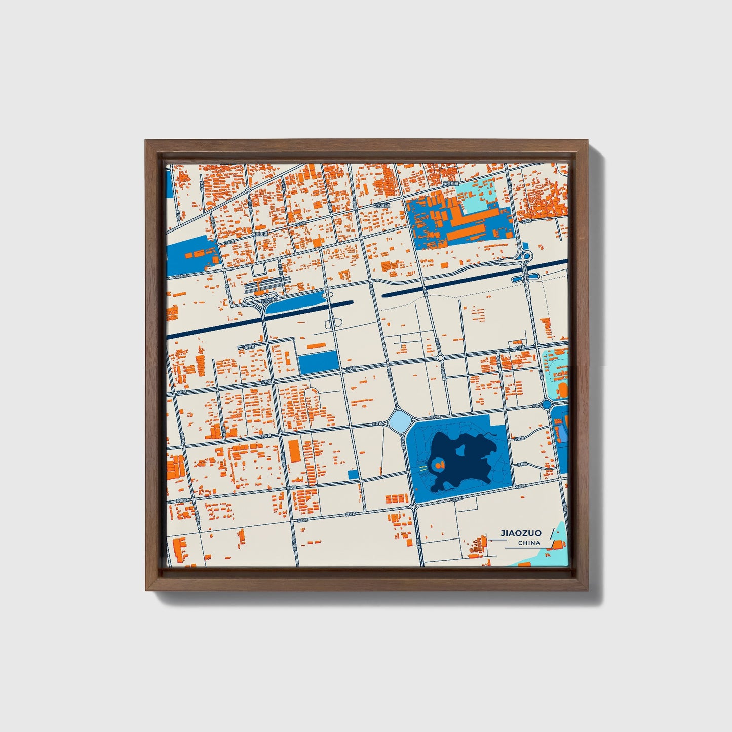 Jiaozuo China Colorful City Map Canvas Print • Dark Wooden Framed