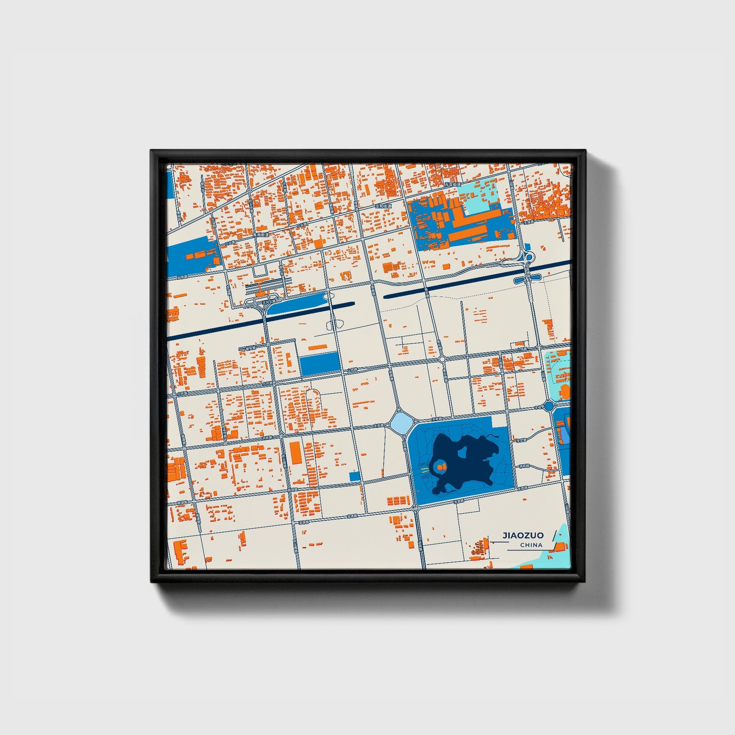 Jiaozuo China Colorful City Map Canvas Print • Black Framed