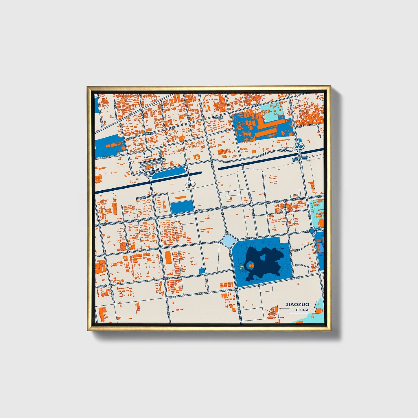 Jiaozuo China Colorful City Map Canvas Print • Gold Framed