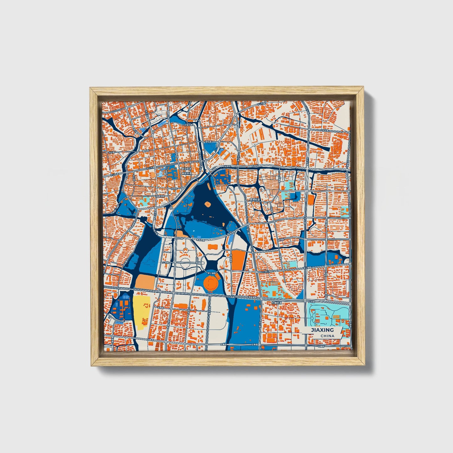 Jiaxing China Colorful City Map Canvas Print • Natural Wooden Framed