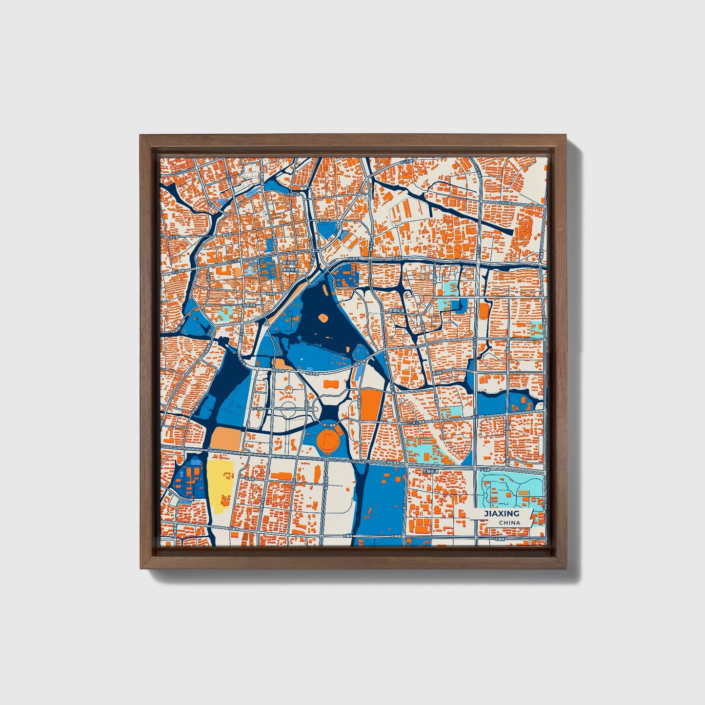 Jiaxing China Colorful City Map Canvas Print • Dark Wooden Framed