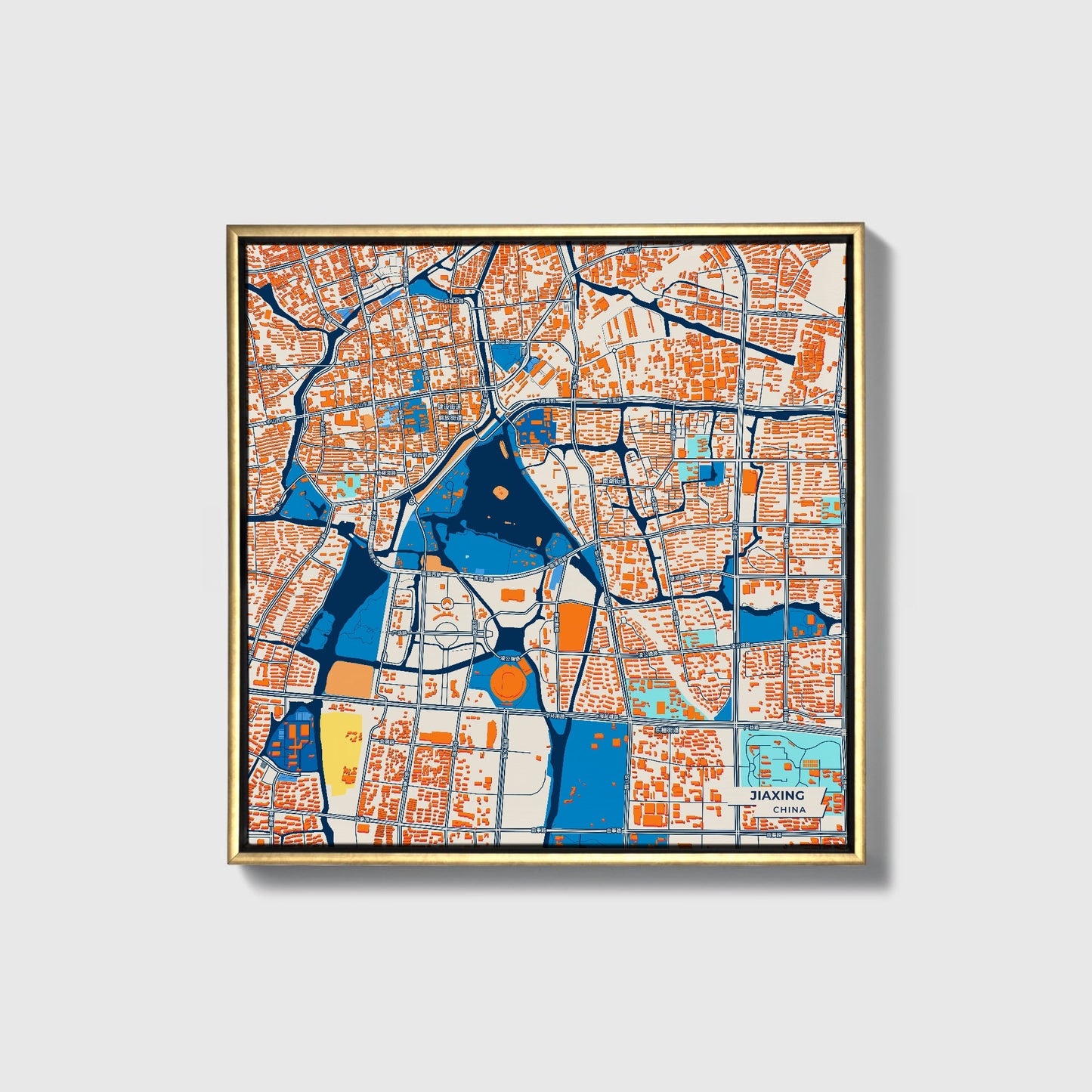 Jiaxing China Colorful City Map Canvas Print • Gold Framed