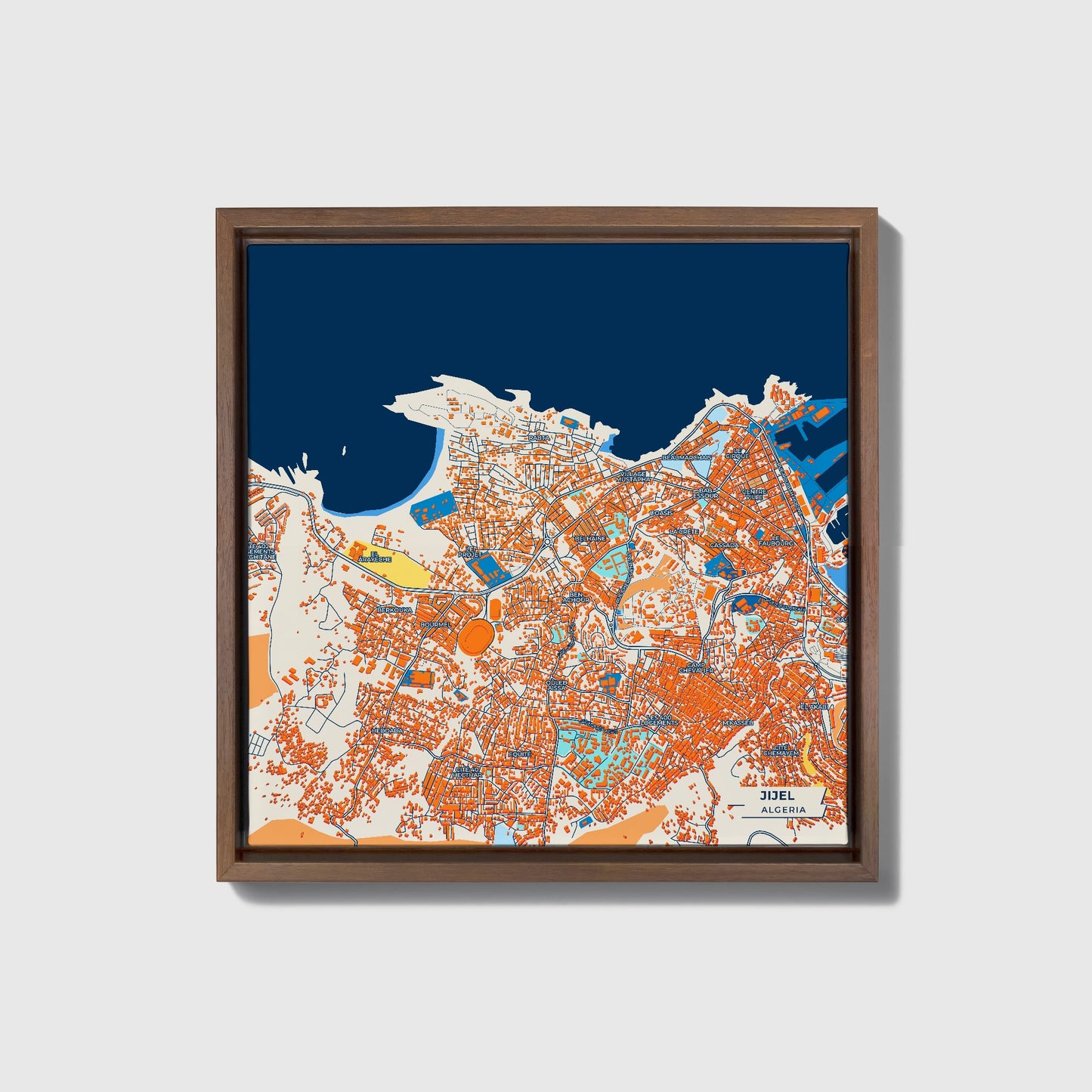 Jijel Algeria Colorful City Map Canvas Print • Dark Wooden Framed