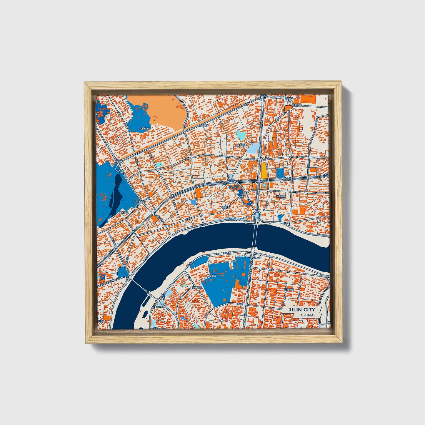 Jilin City China Colorful City Map Canvas Print • Natural Wooden Framed