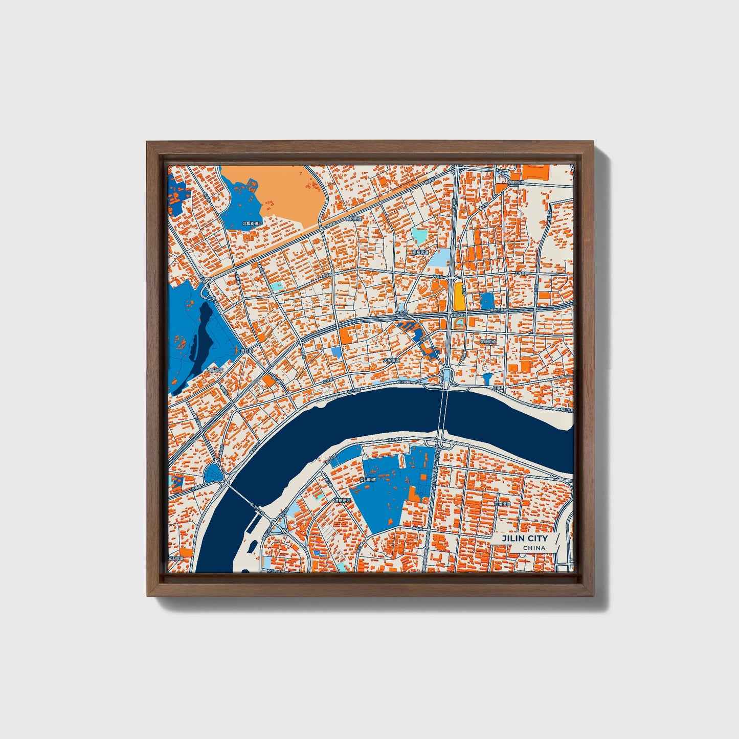 Jilin City China Colorful City Map Canvas Print • Dark Wooden Framed