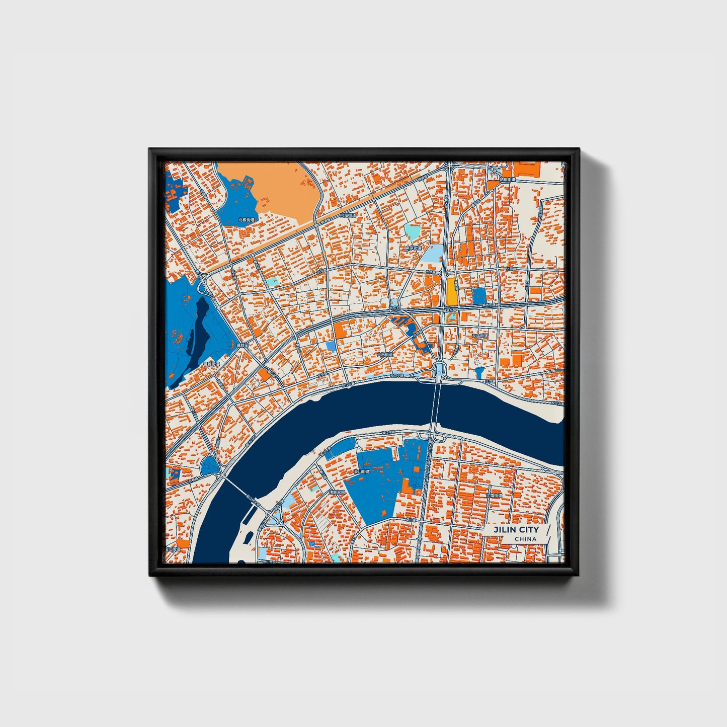 Jilin City China Colorful City Map Canvas Print • Black Framed