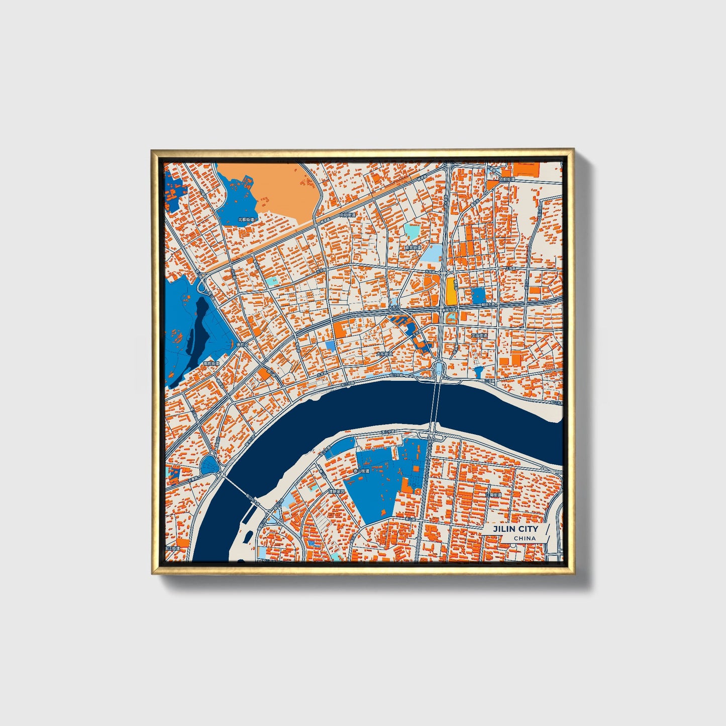 Jilin City China Colorful City Map Canvas Print • Gold Framed