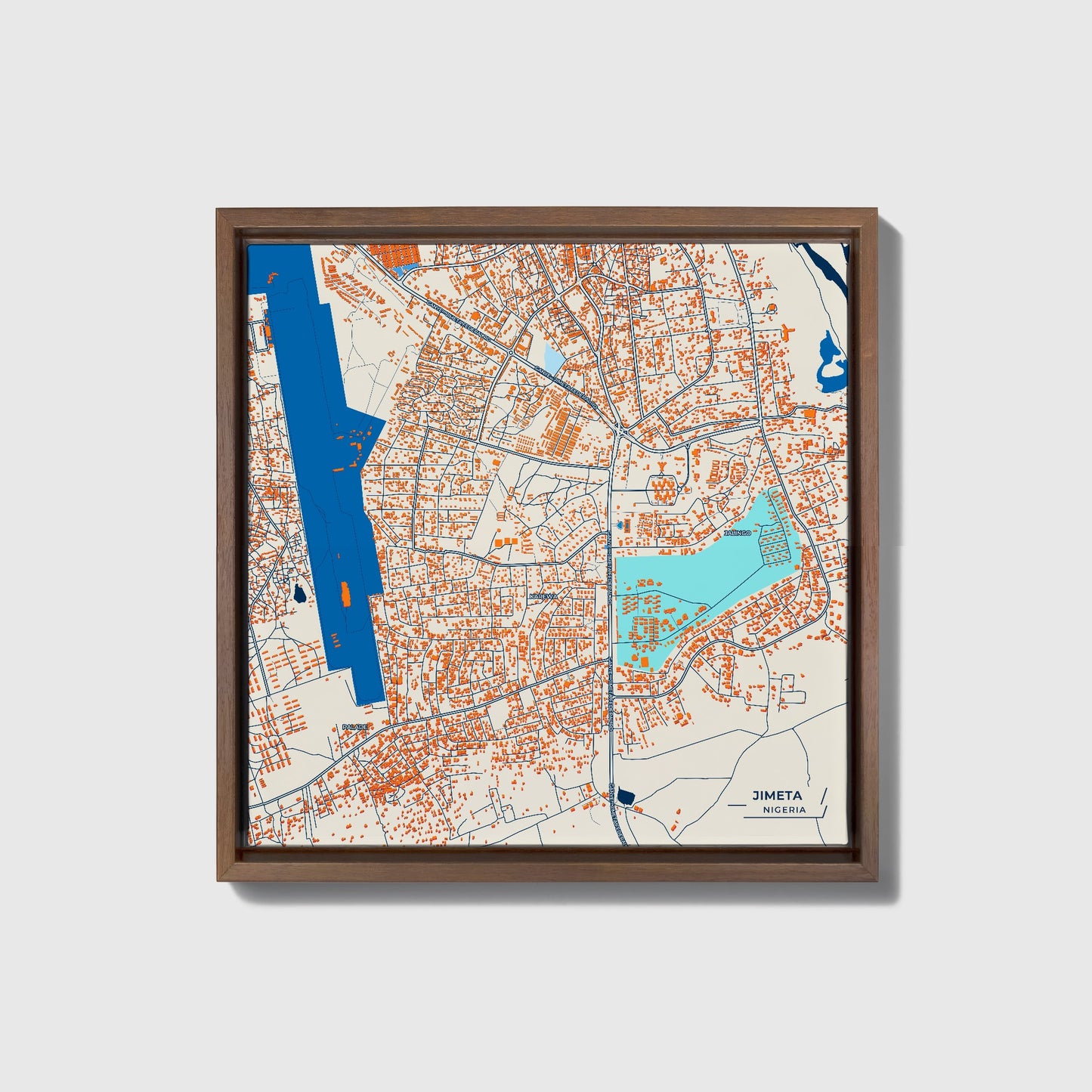 Jimeta Nigeria Colorful City Map Canvas Print • Dark Wooden Framed